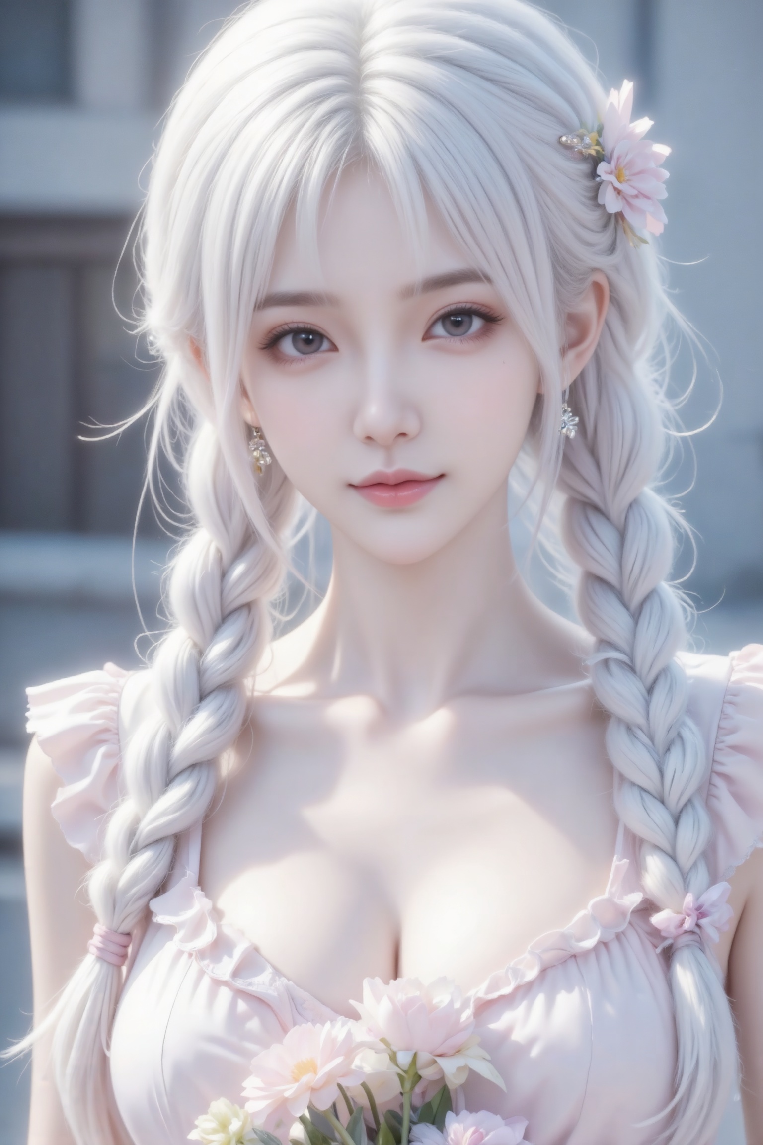 杰作级画质,顶级图像精度,超高清细节渲染,单人女性角色,（白色亮丽的长发：1.4）,（比例优越的纤细长腿：1.3）,（肌肤白皙光滑的匀称美腿：1.4）,（挺拔饱满的D 罩杯曲线：1.4）,（精致立体的美颜五官：1.4）,美颜全开,光滑油亮的皮肤,水嫩的肌肤,,傲人身材,C-cup,一个女孩,白色头发,
冷色调,高曝光,高亮度,（电影级面光：1.6）,（光线追踪：1.5）,（冷白皮漫感质感的光滑皮肤：1.7）,（人物有最好的骨相：1.2）,（网感脸：1.6）,身材完美,莫兰迪配色,高颜值网红,INS风,幼态脸,19岁女生尖下巴,三庭五眼比例均衡,身材娇小,细腻陶瓷水嫩肌肤,偏冷白皮,随机的妆容,随机的饰品,随机的动作,侧光,发丝轻飘,凌乱,随机角度拍摄,总体有很多的不确定性,但又好看,
风格甜美少女系,氛围慵懒俏皮,东方美女年轻娇小,冷白皮气质美女,薇薇纯欲风,皮肤白皙,偶像气质,fairskin,气质的江南美女子,有点甜美,皮肤美白透亮,表情可爱,甜美氛围,细腻笔触,独特韵味的美,可爱表情,正面照,人物上半身特写,身穿花边领粉色连衣裙。双麻花辫,蓬松手撕纹理感麻花辫,鲜花吊坠,手拿同色系花束。最高等级画质,IHD,美颜全开,超高清,32k分辨率,去掉一切噪点,户外背景。