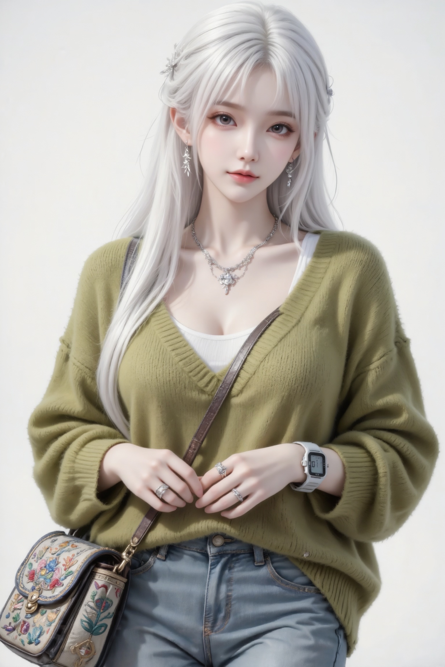 杰作级画质,顶级图像精度,超高清细节渲染,单人女性角色,（白色亮丽的长发：1.4）,（比例优越的纤细长腿：1.3）,（肌肤白皙光滑的匀称美腿：1.4）,（挺拔饱满的D 罩杯曲线：1.4）,（精致立体的美颜五官：1.4）,美颜全开,光滑油亮的皮肤,水嫩的肌肤,,傲人身材,C-cup,一个女孩,白色头发,
容颜绝美,正面照,超清晰画质,妆造精致,饰品精巧,可爱妆造,温柔大方,五官精致,面部清晰,（电影级面光：1.6）,（光线追踪：1.5）,（冷白皮漫感质感的光滑皮肤：1.7）,（人物有最好的骨相：1.2）,（网感脸：1.6）,完美身材,身材完美,莫兰迪配色,高颜值网红,INS风,幼态脸,20岁女生尖下巴,三庭五眼比例均衡,身材娇小,细腻陶瓷水嫩肌肤,偏冷白皮,随机的动作,侧光,随机角度拍摄,总体有很多的不确定性,但又好看,
风格甜美少女系,氛围慵懒俏皮,东方美女,年轻娇小,冷白皮气质美女,薇薇纯欲风,皮肤白皙,偶像气质,fairskin,气质的江南美女子,有点甜美,皮肤美白透亮,表情可爱,甜美氛围,细腻笔触,独特韵味的美,她留着白色的长发,面容清秀, 穿着枯草绿色宽松针织毛衣和白色内搭,搭配蓝灰色牛仔裤,电子手表,银色精美项链和戒指及耳环,斜挎精美刺绣工艺包,她的妆容精致,眼神有光,冷白皮,貌美,超高颜值,高冷风格,自然松弛感,发丝凌乱美,长相甜美,极强的表现力,面对镜头,写实风格,采用远景深构图。柔焦美学,细腻肌理质感,极简风,突出人物立体轮廓与优雅气质,情绪叙事,整体氛围慵懒又随性,电影感,极强的光影对比,大师级摄影,极致细节,氛围感浓郁,空灵,时光凝固的感觉。色彩柔和褪色,带有忧郁的诗意和文学气息