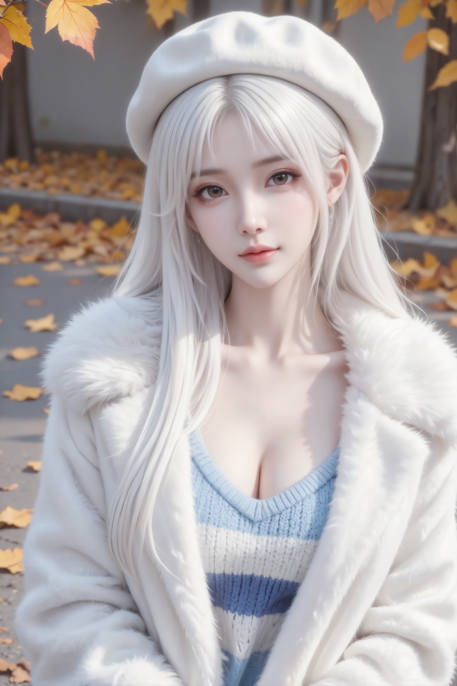 杰作级画质,顶级图像精度,超高清细节渲染,单人女性角色,（白色亮丽的长发：1.4）,（比例优越的纤细长腿：1.3）,（肌肤白皙光滑的匀称美腿：1.4）,（挺拔饱满的D 罩杯曲线：1.4）,（精致立体的美颜五官：1.4）,美颜全开,光滑油亮的皮肤,水嫩的肌肤,,傲人身材,C-cup,一个女孩,白色头发,
户外场景（背景有铺满落叶的路面、黄色秋叶）,画面边缘有橙黄色秋叶点缀,秋日氛围。正面照,近景特写,贝雷帽,白色皮草大衣,慵懒蓝白针织毛衣条纹外套,（电影级面光：1.6）,（光线追踪：1.5）,（冷白皮漫感质感的光滑皮肤：1.7）,（人物有最好的骨相：1.2）,（网感脸：1.6）,（网感妆：1.6）身材完美,莫兰迪配色,高颜值网红,INS风,幼态脸,19岁女生尖下巴,三庭五眼比例均衡,身材娇小,细腻陶瓷水嫩肌肤,偏冷白皮,随机的妆容,随机的饰品,随机的动作,侧光,发丝轻飘,凌乱,随机角度拍摄,总体有很多的不确定性,但又好看,
风格甜美少女系,氛围慵懒俏皮,东方美女,白长直,年轻娇小,发丝呈现出自然的蓬松感与垂坠感,长发散落于肩头两侧,几缕发丝拂面,冷白皮气质美女,薇薇纯欲风,皮肤白皙,偶像气质,fairskin,气质的江南美女子,有点甜美,皮肤美白透亮,表情可爱,甜美氛围,细腻笔触,独特韵味的美,构图优美,绝美角度拍摄