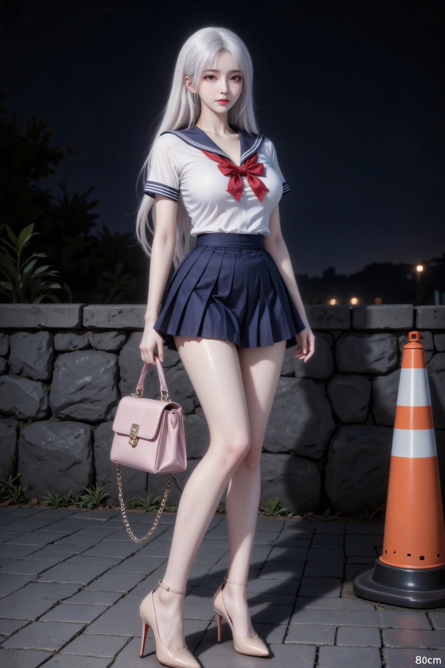 杰作级画质,顶级图像精度,超高清细节渲染,单人女性角色,（白色亮丽的长发：1.4）,（比例优越的纤细长腿：1.3）,（肌肤白皙光滑的匀称美腿：1.4）,（挺拔饱满的D 罩杯曲线：1.4）,（精致立体的美颜五官：1.4）,美颜全开,光滑油亮的皮肤,水嫩的肌肤,,傲人身材,C-cup,一个女孩,黑色头发,
一位长发女性站立在夜晚户外砖石路面上,身穿日系水手服（白色短袖上衣搭配深蓝色百褶短裙,领口海军蓝条纹装饰,胸前系红色蝴蝶结,修身剪裁凸显身材曲线）,脚踩裸色尖头细跟高跟鞋（5cm细跟,鞋面光滑,脚踝无装饰）,手提粉色小型链条包（皮质,长30cm,宽15cm,肩带长度至小臂中部）。背景为深灰色石墙（表面粗糙,部分区域长有深色植物）,右侧立橙白相间交通锥（高度80cm,底部黑色防滑垫）,地面灰色砖石（尺寸20*10cm,拼接整齐）。环境光线昏暗,远处散弱光,整体氛围静谧时尚