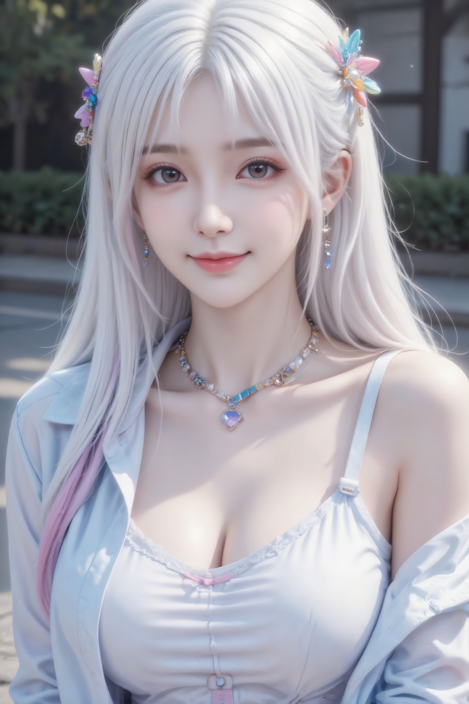 杰作级画质,顶级图像精度,超高清细节渲染,单人女性角色,（白色亮丽的长发：1.4）,（比例优越的纤细长腿：1.3）,（肌肤白皙光滑的匀称美腿：1.4）,（挺拔饱满的D 罩杯曲线：1.4）,（精致立体的美颜五官：1.4）,美颜全开,光滑油亮的皮肤,水嫩的肌肤,,傲人身材,C-cup,一个女孩,白色头发,
纯欲女生在室外,三庭五眼比例均衡,俏皮可爱的表情,细腻陶瓷水嫩肌肤,偏冷白皮,随机的妆容,随机批着头发和颜色,随机的饰品,随机的动作,侧光,发丝凌乱,中景15°镜头,总体有很多的不确定性,但又好看,衬衣外塔,小众品牌穿搭,搭配又很合理,最高等级画质,真实合理,轻微曝光过度。容颜绝美,正面照,超清晰画质,妆造精致,饰品精巧,可爱妆造,温柔大方,五官精致,面部清晰,（电影级面光：1.6）,（光线追踪：1.5）,（冷白皮漫感质感的光滑皮肤：1.7）,（人物有最好的骨相：1.2）,（网感脸：1.6）,完美身材,身材完美,莫兰迪配色,高颜值网红,INS风,三庭五眼比例均衡,身材娇小,细腻陶瓷水嫩肌肤,偏冷白皮,随机的动作,侧光,随机角度拍摄,总体有很多的不确定性,但又好看,
风格甜美少女系,氛围慵懒俏皮,东方美女,冷白皮气质美女,薇薇纯欲风,皮肤白皙,偶像气质,fairskin,气质的江南美女子,有点甜美,皮肤美白透亮,表情可爱,甜美氛围,细腻笔触,独特韵味的美