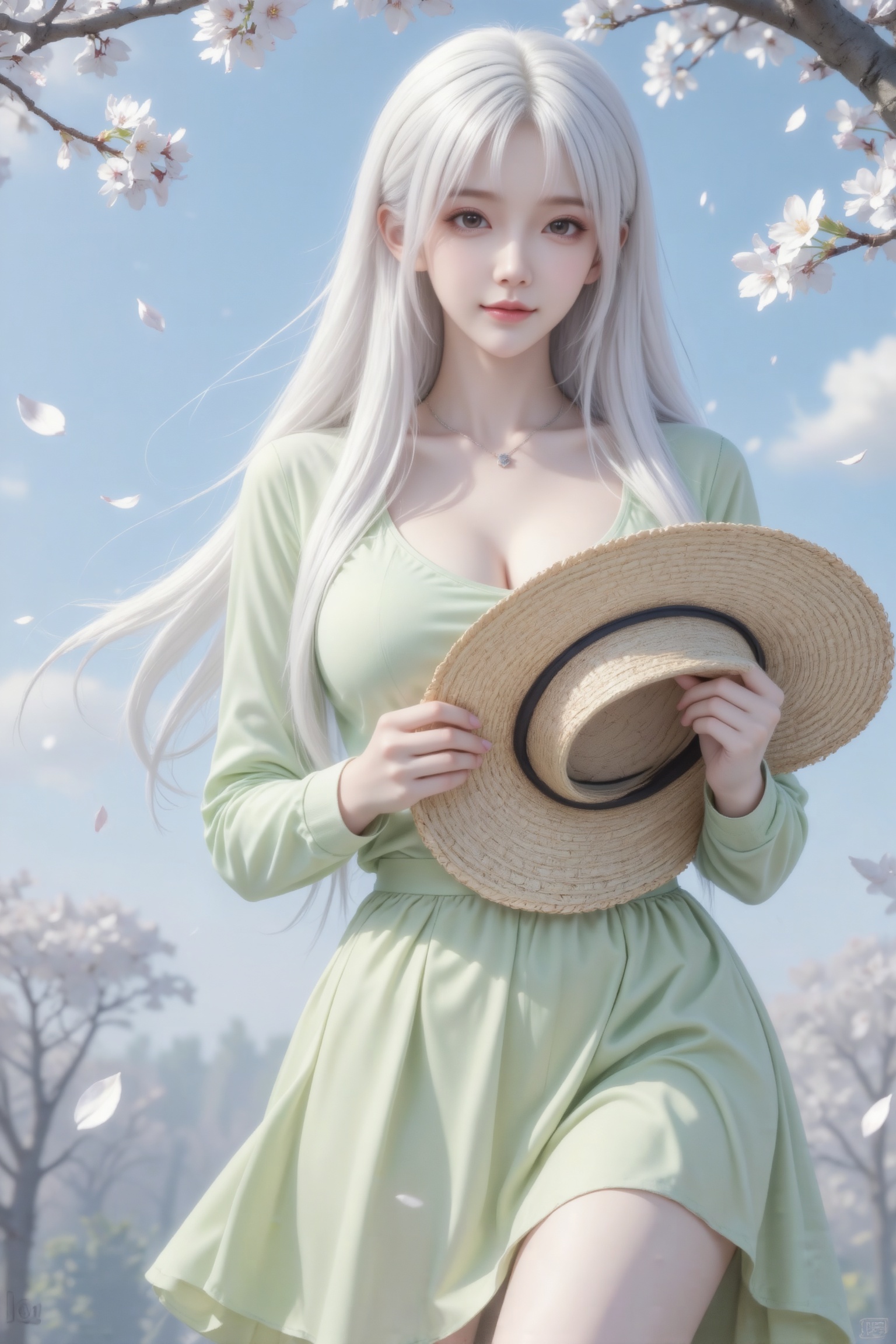 杰作级画质,顶级图像精度,超高清细节渲染,单人女性角色,（白色亮丽的长发：1.4）,（比例优越的纤细长腿：1.3）,（肌肤白皙光滑的匀称美腿：1.4）,（挺拔饱满的D 罩杯曲线：1.4）,（精致立体的美颜五官：1.4）,美颜全开,光滑油亮的皮肤,水嫩的肌肤,,傲人身材,C-cup,一个女孩,白色头发,
真实摄影,亚洲高颜值美少女,穿着浅绿色长袖上衣、浅绿色长裙,手持草编宽檐帽；身处盛开的樱花树下（白色花瓣飘落）,背景是蓝天、朦胧的树林,整体风格清新、治愈,充满春日樱花季的氛围感,（电影级面光：1.6）,（光线追踪：1.5）,（冷白皮漫感质感的光滑皮肤：1.7）,（人物有最好的骨相：1.2）,（网感脸：1.6）,（网感妆：1.6）身材完美,莫兰迪配色,高颜值网红,INS风,幼态脸,19岁女生尖下巴,三庭五眼比例均衡,身材娇小,细腻陶瓷水嫩肌肤,偏冷白皮,随机的妆容,随机的饰品,随机的动作,侧光,发丝轻飘,凌乱,随机角度拍摄,总体有很多的不确定性,但又好看,
风格甜美少女系,氛围慵懒俏皮,东方美女,黑长直,年轻娇小,发丝呈现出自然的蓬松感与垂坠感,长发散落于肩头两侧,几缕发丝拂面,冷白皮气质美女,薇薇纯欲风,皮肤白皙,偶像气质,fairskin,气质的江南美女子,有点甜美,皮肤美白透亮,表情可爱,甜美氛围,细腻笔触,独特韵味的美,构图优美,绝美角度,近景上半身特写
