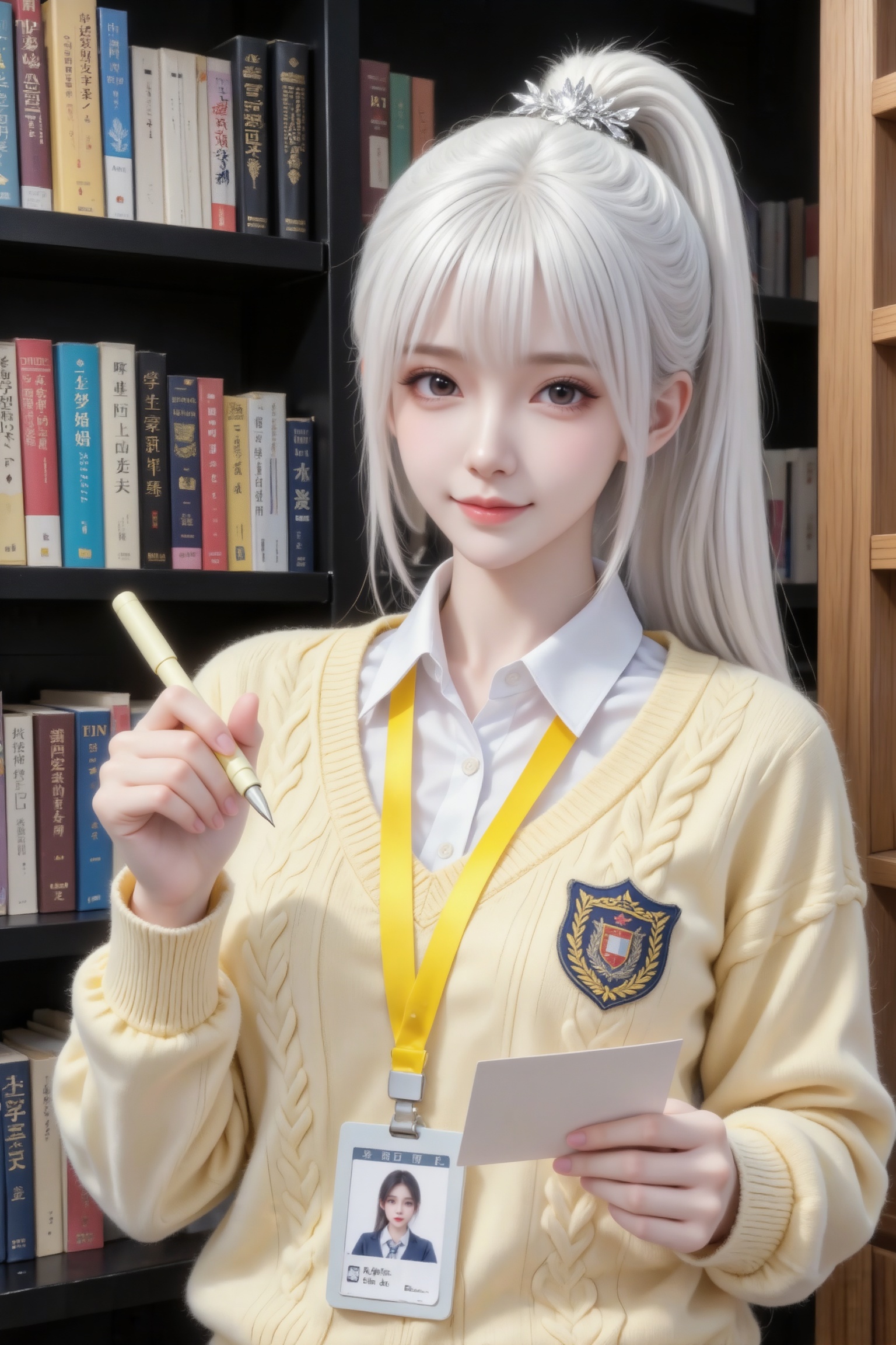 杰作级画质,顶级图像精度,超高清细节渲染,单人女性角色,（白色亮丽的长发：1.4）,（比例优越的纤细长腿：1.3）,（肌肤白皙光滑的匀称美腿：1.4）,（挺拔饱满的D 罩杯曲线：1.4）,（精致立体的美颜五官：1.4）,美颜全开,光滑油亮的皮肤,水嫩的肌肤,,傲人身材,C-cup,一个女孩,白色头发,
微距过肩拍摄,一位1 岁女大学生长相呆萌可爱的钝感女生,纯欲风,表情可爱,年轻娇小,冷白皮气质美女,皮肤白皙,偶像气质,光滑,千金大小姐气质,留白长直,扎高马尾并搭配银色发饰,齐刘海修饰脸型。她身着米黄色绞花纹校园风针织V领毛衣（胸前有校徽）内搭白色翻领衬衫,胸前挂着黄色织带有带照片和管理员等文字的工作牌,右手中握着浅色水笔指向镜头,左手拿着浅色卡片,妆容清新,用调皮的眼神看向镜头,表情柔和。背景为书吧环境,身后是摆满各类书籍的黑色书架,书籍封面色彩多样,能看到不同题材、语种的装帧设计,右侧有木质书架框架,整体氛围文艺。整体为室内柔和漫射光,人物面部受光均匀,无明显硬阴影；头发、衣物的褶皱处有自然明暗过渡,背景书架区域光线稍暗,通过明暗对比突出前景人物,营造出温馨、柔和的室内视觉效果