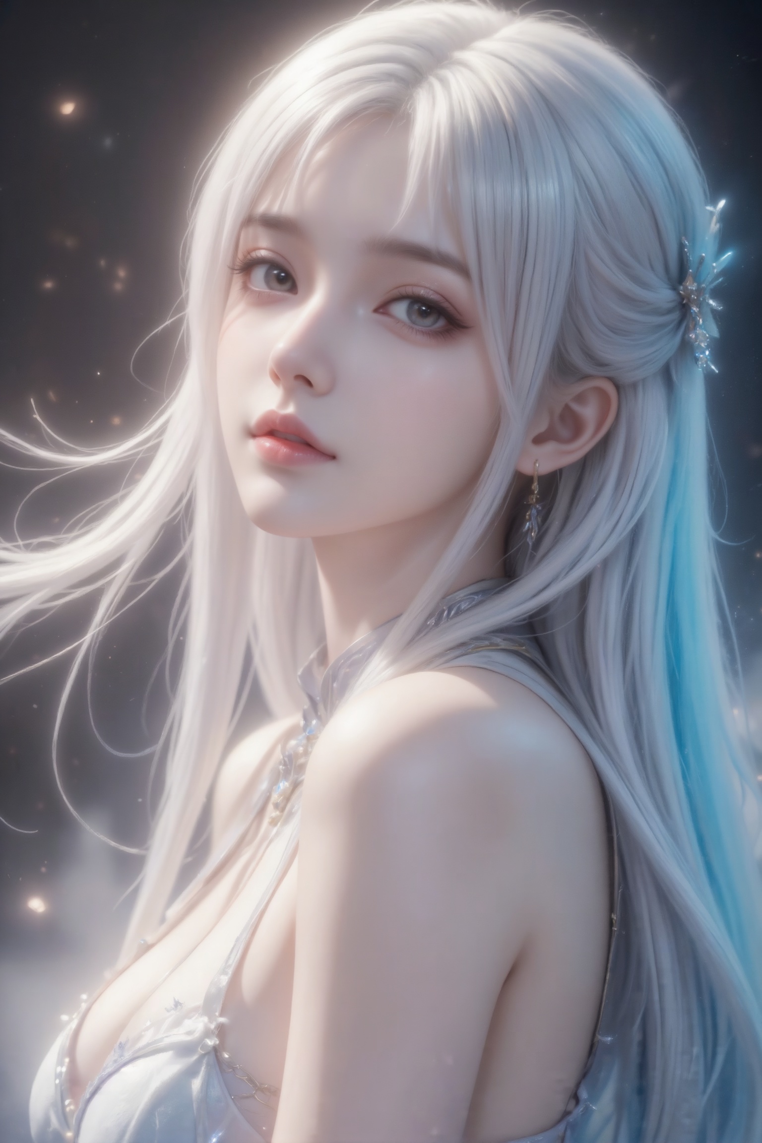 杰作级画质,顶级图像精度,超高清细节渲染,单人女性角色,（白色亮丽的长发：1.4）,（比例优越的纤细长腿：1.3）,（肌肤白皙光滑的匀称美腿：1.4）,（挺拔饱满的D 罩杯曲线：1.4）,（精致立体的美颜五官：1.4）,美颜全开,光滑油亮的皮肤,水嫩的肌肤,,傲人身材,C-cup,一个女孩,白色头发,
胶片摄影,镜头语言,淡彩,暗调,氛围低光,个性视角,奇妙融合意境,极致美丽女孩,现代绝色,神情忧郁妖冶少女,姿势妩媚妖娆,神性,细节丰富,光线明暗交接,朦胧意境,大师级笔触,暖色调,高对比度,高颜值,既极致细节,高级感。精致,让人觉得流连忘返,真人,有着倾国倾城之貌、皮肤白皙嫩滑,极繁主义,妆容精致,清透自然,柔和光线笼罩整体,增添梦幻朦胧感,阳光透过发丝照在脸上以突出自然肌肤状态,也没有构图感,只是一张随意抓拍的照片。这张照片存在轻微的运动模糊,且因阳光不均问题,还有轻微的过曝现象。阳光透过发丝照在脸上,突出冷白皮通透自然的肌肤状态,整体神态灵动又不失随性。唯美的氛围感。清冷感, 透光感,玻璃感,梦幻色系,精美繁复服饰配饰,神秘,梦核,高级。高级,烟雾朦胧美,明亮,高颜值,高对比度,虚焦,既视感,情绪氛围感拉满,暗朦,光朦,粒子高噪点,胶片颗粒质感,层次丰富,一名由白色到浅蓝色渐变超长长发、 头发微风拂动,长发如瀑散落,几缕发丝凌乱缠绕。镜头以略微仰视的角度聚焦人物侧脸,天真妩媚而不自知,光的美学,美人,C4D呈现细雪结晶光泽。十八岁,眸中似有星辰的温甜女生,朦胧美学,光的美学,lomo效果,超现实,高级感,同时搭配正面补光灯（色温约3000）提亮面部,避免暗部细节丢失。常用配置为白平衡2700、光圈1.4、快门1/100s、ISO1000,层次丰富,写意,朦胧美学,光的美学,lomo效果,超现实,高级感,杰作