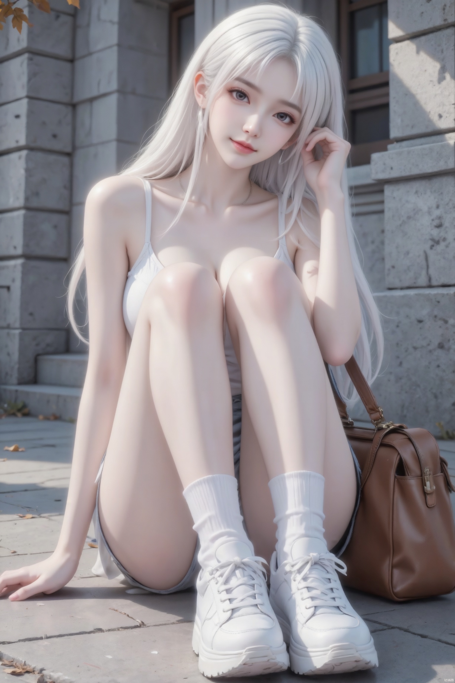 杰作级画质,顶级图像精度,超高清细节渲染,单人女性角色,（白色亮丽的长发：1.4）,（比例优越的纤细长腿：1.3）,（肌肤白皙光滑的匀称美腿：1.4）,（挺拔饱满的D 罩杯曲线：1.4）,（精致立体的美颜五官：1.4）,美颜全开,光滑油亮的皮肤,水嫩的肌肤,,傲人身材,C-cup,一个女孩,白色头发,
白色厚底运动鞋和白色中筒袜,棕色包包。背景为灰色石质建筑,构图以人物为中心,冷色调,秋冬氛围感。做可爱表情,眉清目秀,初恋感,表情自然松弛慵懒休闲,眼神很自然不失真,完美身材,皮肤质感白嫩清透,甜美女生,完美贴合身形；整体风格简约大气,又因修身剪裁,俏皮灵动,嫩白皙柔滑,氛围感,故事感,视觉冲击效果,高级感,动态感,32K,大师杰作。梦幻,冷白皮,必须身材完美,肌肤雪白有光泽。整体画面必须清新明亮干净。随机表情,随机的淡妆容,随机发型和颜色,随机的动作,随机的光影,随机角度,总体有很多的不确定性,但又好看,搭配又很合理,最高等级画质,CCD拍摄,情绪片,极简风,唯美迷人,优雅气质,偶像气质,高级感,三庭五眼,瓜子脸,清纯,必须显身材,动作表情自然松弛,阳光很好。乖巧大方,