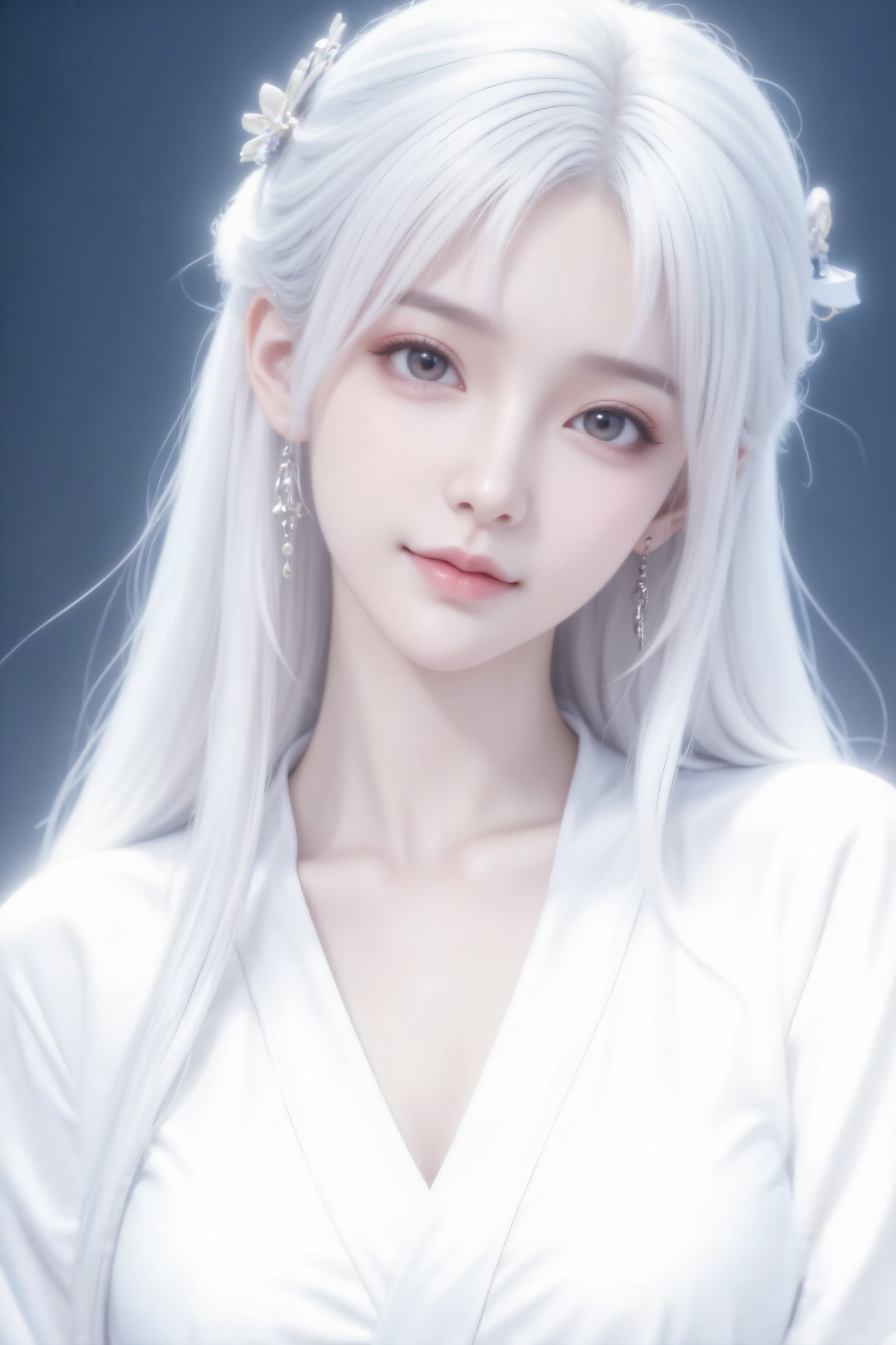 杰作级画质,顶级图像精度,超高清细节渲染,单人女性角色,（白色亮丽的长发：1.4）,（比例优越的纤细长腿：1.3）,（肌肤白皙光滑的匀称美腿：1.4）,（挺拔饱满的D 罩杯曲线：1.4）,（精致立体的美颜五官：1.4）,美颜全开,光滑油亮的皮肤,水嫩的肌肤,,傲人身材,C-cup,一个女孩,白色头发,
（电影级面光：1.6）,（光线追踪：1.5）,（冷白皮漫感质感的光滑皮肤：1.7）,（人物有最好的骨相：1.2）,（网感脸：1.6）,身材完美,莫兰迪配色,高颜值网红,INS风,幼态脸,19岁女生尖下巴,三庭五眼比例均衡,细腻陶瓷水嫩肌肤,偏冷白皮,随机的妆容,随机的饰品,随机的动作,侧光,发丝轻飘,凌乱,随机角度拍摄,总体有很多的不确定性,但又好看,
氛围慵懒俏皮,东方美女,冷白皮气质美女,薇薇纯欲风,皮肤白皙,偶像气质,fairskin,气质的江南美女子,有点甜美,皮肤美白透亮,甜美氛围,细腻笔触,独特韵味的美,可爱表情,正面照,精致美女肖像,皮肤细腻光滑,妆容淡雅清新,俏皮可爱,突出自然美感。空灵的气氛,巧妙地捕捉情感,杰作,柔和,高分辨率,景深构图,层次32k高清蓝光。表情可爱,年轻娇小,冷白皮气质美女,皮肤白皙,偶像气质白色的森系发型自然垂落,白色直深色长发系带束缚,发丝呈现出自然的垂坠感,长发散落于肩头两侧,几缕发丝拂面,带着精致耳饰,

,美女样貌清纯可爱,眼神有故事感,个性视角,美人,皮肤白皙光滑,倾国倾城容貌,散落的长发,单边不对称发饰,交领大袖衫,锁骨,首饰,耳坠,细节丰富,角度随意,构图随意,体现生活绚丽日常。HDR