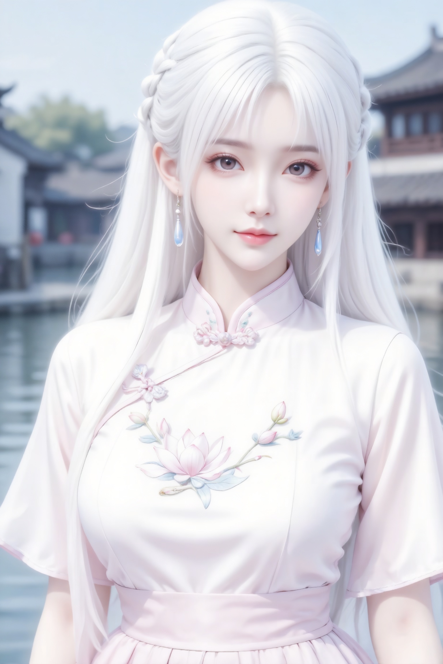 杰作级画质,顶级图像精度,超高清细节渲染,单人女性角色,（白色亮丽的长发：1.4）,（比例优越的纤细长腿：1.3）,（肌肤白皙光滑的匀称美腿：1.4）,（挺拔饱满的D 罩杯曲线：1.4）,（精致立体的美颜五官：1.4）,美颜全开,光滑油亮的皮肤,水嫩的肌肤,,傲人身材,C-cup,一个女孩,白色头发,
长直发,中分,甜妹编发,上半身特写,正面照,全景,水滴耳饰,身穿粉色刺绣旗袍长连衣裙,喇叭袖,胸前玉兰花刺绣,收腰,最佳配色,最高等级画质,IHD,美颜全开,超高清,32k分辨率,去掉一切噪点,江南水乡背景,手拿油纸伞,温柔可爱,大片质感。（电影级面光：1.6）,（光线追踪：1.5）,（冷白皮漫感质感的光滑皮肤：1.7）,（人物有最好的骨相：1.2）,（网感脸：1.6）,（网感妆：1.6）身材完美,莫兰迪配色,高颜值网红,INS风,幼态脸,19岁女生尖下巴,三庭五眼比例均衡,身材娇小,细腻陶瓷水嫩肌肤,偏冷白皮,随机的妆容,随机的饰品,随机的动作,侧光,发丝轻飘,凌乱,随机角度拍摄,总体有很多的不确定性,但又好看,
风格甜美少女系,氛围慵懒俏皮,东方美女,白长直,年轻娇小,发丝呈现出自然的蓬松感与垂坠感,长发散落于肩头两侧,几缕发丝拂面,冷白皮气质美女,薇薇纯欲风,皮肤白皙,偶像气质,fairskin,气质的江南美女子,有点甜美,皮肤美白透亮,表情可爱,甜美氛围,细腻笔触,独特韵味的美,构图优美,绝美角度拍摄