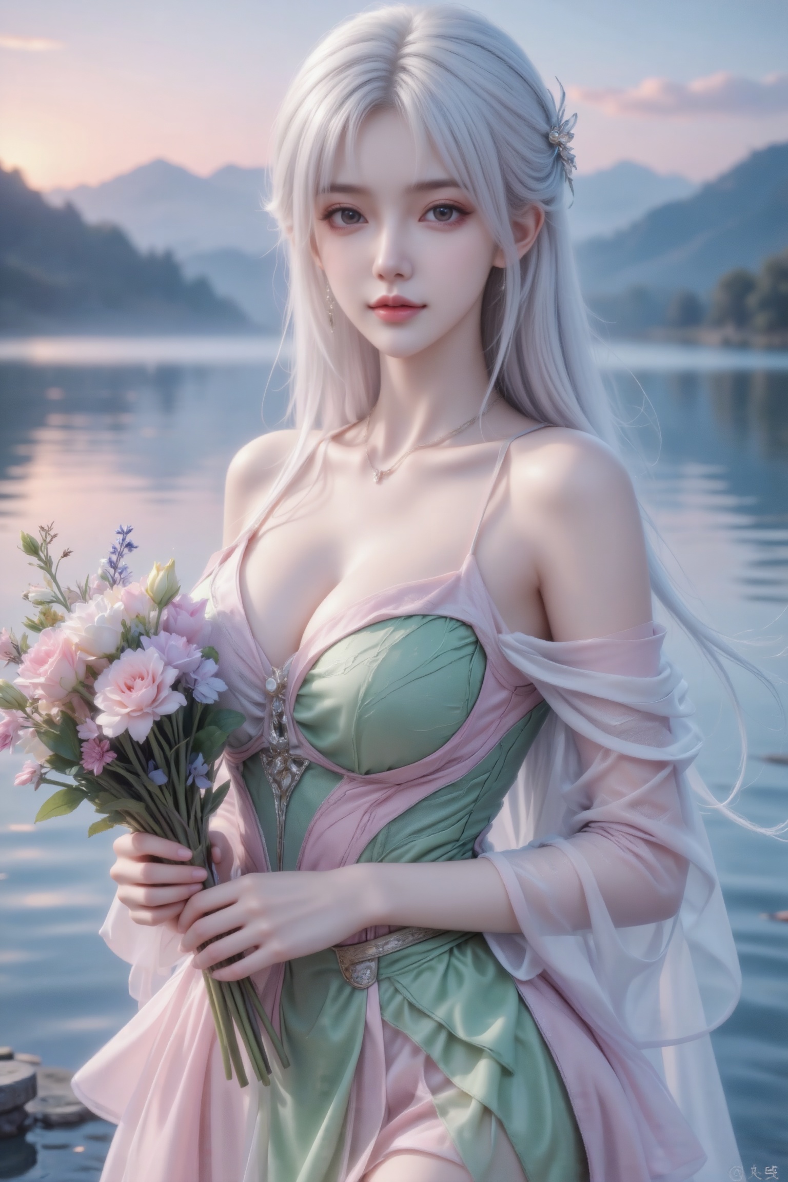 杰作级画质,顶级图像精度,超高清细节渲染,单人女性角色,（白色亮丽的长发：1.4）,（比例优越的纤细长腿：1.3）,（肌肤白皙光滑的匀称美腿：1.4）,（挺拔饱满的D 罩杯曲线：1.4）,（精致立体的美颜五官：1.4）,美颜全开,光滑油亮的皮肤,水嫩的肌肤,,傲人身材,C-cup,一个女孩,白色头发,
真实摄影,头部特写,长发,发丝飘逸,身穿礼服系列设计,多结构,不同的面料拼接,工艺感,肌理面料,桑蚕丝面料,多层压褶,细节设计精致,高级感配色,氛围感,时尚元素,高级感,奢侈,多层,轻盈面料,极繁主义。高度细节,朦胧纱,朦胧美,修身款,粉色绿色搭配,手捧一束花,背景是泛着粉蓝霞光的水面与朦胧远山,整体风格空灵、诗意,充满黄昏水边与自然花卉的氛围感,（电影级面光：1.6）,（光线追踪：1.5）,（冷白皮漫感质感的光滑皮肤：1.7）,（人物有最好的骨相：1.2）,（网感脸：1.6）,（网感妆：1.6）身材完美,莫兰迪配色,气质如兰,细腻陶瓷水嫩肌肤,偏冷白皮,随机的妆容,随机的饰品,随机的动作,侧光,发丝轻飘,凌乱,随机角度拍摄,总体有很多的不确定性,但又好看,
温柔气质,氛围慵懒俏皮,东方美女,冷白皮气质美女,纯欲风,皮肤白皙,偶像气质,fairskin,气质的江南美女子,有点甜美,皮肤美白透亮,细腻笔触,独特韵味的美