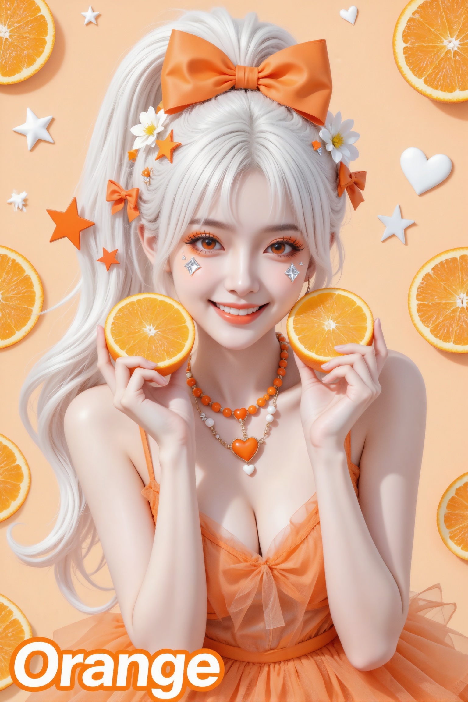 杰作级画质,顶级图像精度,超高清细节渲染,单人女性角色,（白色亮丽的长发：1.4）,（比例优越的纤细长腿：1.3）,（肌肤白皙光滑的匀称美腿：1.4）,（挺拔饱满的D 罩杯曲线：1.4）,（精致立体的美颜五官：1.4）,美颜全开,光滑油亮的皮肤,水嫩的肌肤,,傲人身材,C-cup,一个女孩,白色头发,
- 主体,一个可爱美女,水光肌,冷白皮,幼态脸,小脸,颜值高,细密睫毛,白色长卷发扎成高马尾。
- 发型装饰：头顶佩戴橙色大蝴蝶结发饰,头发上点缀着白色小花、白色星星、橙色星星、橙色蝴蝶结等发饰,还有白色爱心造型的装饰。
- 妆容：脸颊上有银色的钻石形状妆容点缀,眼妆为浅橙色系,
- 服饰：穿着橙色薄纱吊带裙,佩戴着带有橙色珠子、橙色心形和白色珠子吊坠的项链。
- 动作：双手各拿着一片切开的橙子,靠近脸颊,面带灿烂的笑容。
- 背景：浅橙色的纯色背景,周围环绕着大量新鲜的橙子切片。
- 文字：左下角有白色带橙边的“Orange”英文单词- 风格：甜美、可爱、充满可爱唯美的摄影风格,色彩以橙色为主色调,画面充满橙子元素,整体氛围活泼欢快。
