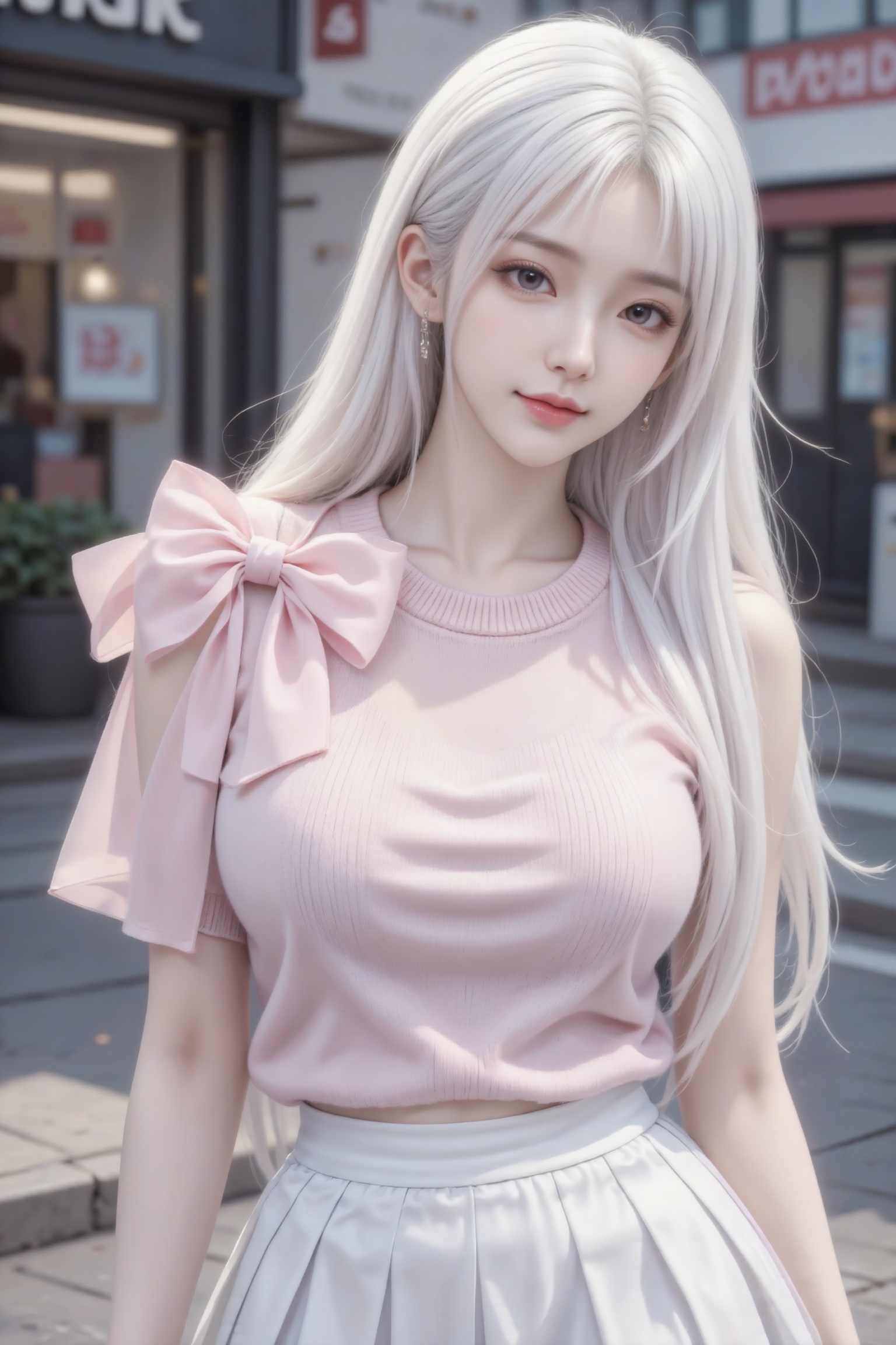 杰作级画质,顶级图像精度,超高清细节渲染,单人女性角色,（白色亮丽的长发：1.4）,（比例优越的纤细长腿：1.3）,（肌肤白皙光滑的匀称美腿：1.4）,（挺拔饱满的D 罩杯曲线：1.4）,（精致立体的美颜五官：1.4）,美颜全开,光滑油亮的皮肤,水嫩的肌肤,,傲人身材,C-cup,一个女孩,白色头发,
日常快照风格,非精心构图或打光,粉色圆领针织衫,一侧肩部有大尺寸的雪纺蝴蝶结飘带,白色百褶短裙,商业街装修精致,柔和自然光,凹造型,动作表情自然可爱（电影级面光：1.6）,（光线追踪：1.5）,（冷白皮漫感质感的光滑皮肤：1.7）,（人物有最好的骨相：1.2）,（网感脸：1.6）,（网感妆：1.6）身材完美,莫兰迪配色,高颜值网红,INS风,幼态脸,19岁女生尖下巴,三庭五眼比例均衡,身材娇小,细腻陶瓷水嫩肌肤,偏冷白皮,随机的妆容,随机的饰品,随机的动作,侧光,发丝轻飘,凌乱,随机角度拍摄,总体有很多的不确定性,但又好看,
风格甜美少女系,氛围慵懒俏皮,东方美女,白长直,年轻娇小,发丝呈现出自然的蓬松感与垂坠感,长发散落于肩头两侧,几缕发丝拂面,冷白皮气质美女,薇薇纯欲风,皮肤白皙,偶像气质,fairskin,气质的江南美女子,有点甜美,皮肤美白透亮,表情可爱,甜美氛围,细腻笔触,独特韵味的美,构图优美,绝美角度拍摄