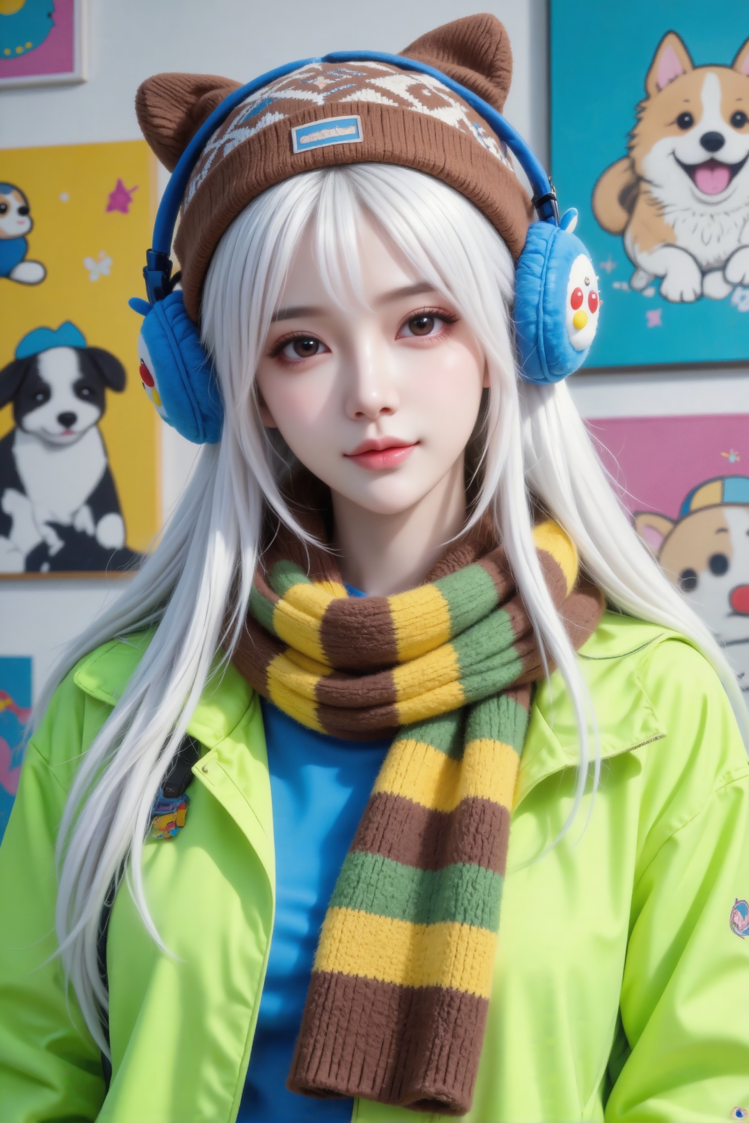 杰作级画质,顶级图像精度,超高清细节渲染,单人女性角色,（白色亮丽的长发：1.4）,（比例优越的纤细长腿：1.3）,（肌肤白皙光滑的匀称美腿：1.4）,（挺拔饱满的D 罩杯曲线：1.4）,（精致立体的美颜五官：1.4）,美颜全开,光滑油亮的皮肤,水嫩的肌肤,,傲人身材,C-cup,一个女孩,白色头发,
真实摄影,白色长发（带挑染）,戴着棕色图案针织帽、蓝色卡通耳罩,围着棕绿黄条纹围巾,身穿荧光绿外套、蓝色内搭,背着带有图案的包,背景有印着卡通狗狗和艺术装饰画,色彩鲜艳,活泼,潮流,可爱风,（电影级面光：1.6）,（光线追踪：1.5）,（冷白皮漫感质感的光滑皮肤：1.7）,（人物有最好的骨相：1.2）,（网感脸：1.6）,（网感妆：1.6）身材完美,莫兰迪配色,高颜值网红,INS风,幼态脸,19岁女生尖下巴,三庭五眼比例均衡,身材娇小,细腻陶瓷水嫩肌肤,偏冷白皮,随机的妆容,随机的饰品,随机的动作,侧光,发丝轻飘,凌乱,随机角度拍摄,总体有很多的不确定性,但又好看,
风格甜美少女系,氛围慵懒俏皮,东方美女,黑长直,年轻娇小,发丝呈现出自然的蓬松感与垂坠感,长发散落于肩头两侧,几缕发丝拂面,冷白皮气质美女,薇薇纯欲风,皮肤白皙,偶像气质,fairskin,气质的江南美女子,有点甜美,皮肤美白透亮,表情可爱,甜美氛围,细腻笔触,独特韵味的美,构图优美,绝美角度拍摄