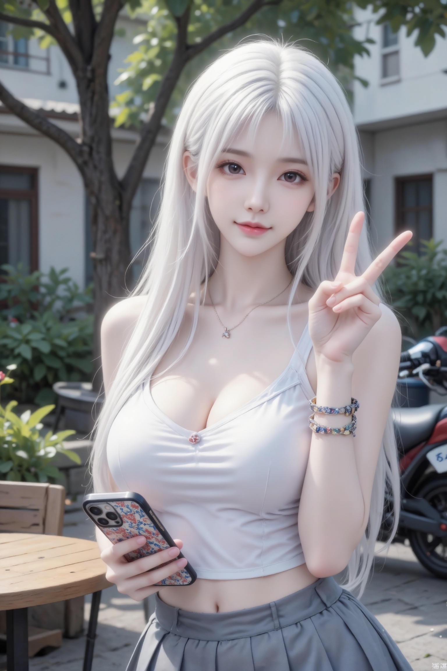 杰作级画质,顶级图像精度,超高清细节渲染,单人女性角色,（白色亮丽的长发：1.4）,（比例优越的纤细长腿：1.3）,（肌肤白皙光滑的匀称美腿：1.4）,（挺拔饱满的D 罩杯曲线：1.4）,（精致立体的美颜五官：1.4）,美颜全开,光滑油亮的皮肤,水嫩的肌肤,,傲人身材,C-cup,一个女孩,白色头发,
东东方美女薇薇,纯欲风,完美比例,青春时尚,姿态自然随性,展现出轻松惬意的氛围。手腕戴有手链,手持带有花纹的手机壳,身处户外,周围有绿植、树木,背景可见建筑、桌椅、摩托车等,似是在充满生活气息的街道或庭院区域。户外场景,既日常又有氛围感,站着右手比出耶的手势比耶手指靠近脸,fairskin,水润质感,二十岁年轻女性)。高清人像摄影,长焦镜头抓拍,清透,穿着校园女神温柔装美少女薇薇,玉骨冰肌,肌肤胜雪,绝世容颜,朦胧美,完美构图,高清质量（电影级面光：1.6）,（光线追踪：1.5）,（冷白皮漫感质感的光滑皮肤：1.7）,（人物有最好的骨相：1.2）,（网感脸：1.6）,（网感妆：1.6）身材完美,莫兰迪配色,高颜值网红,INS风,幼态脸,19岁女生尖下巴,三庭五眼比例均衡,身材娇小,细腻陶瓷水嫩肌肤,偏冷白皮,随机的妆容,随机的饰品,随机的动作,侧光,发丝轻飘,凌乱,随机角度拍摄,总体有很多的不确定性,但又好看,
风格甜美少女系,氛围慵懒俏皮,东方美女,黑长直,年轻娇小,发丝呈现出自然的蓬松感与垂坠感,长发散落于肩头两侧,几缕发丝拂面,冷白皮气质美女,纯欲风,沙漏型身材,B cup,皮肤白皙,偶像气质,fairskin,气质的江南美女子,有点甜美,皮肤美白透亮,表情可爱,甜美氛围,细腻笔触,独特韵味的美,可爱表情