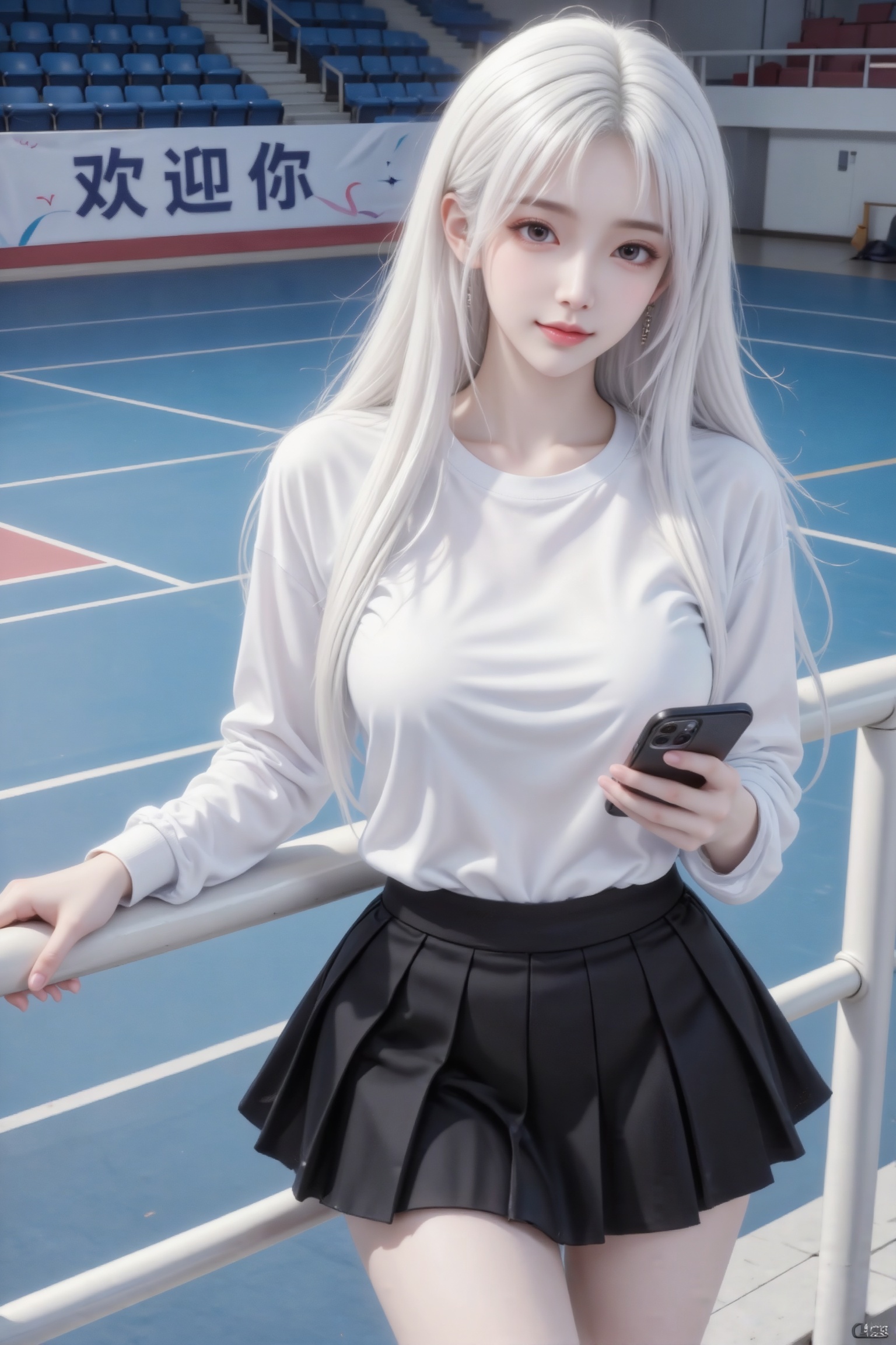 杰作级画质,顶级图像精度,超高清细节渲染,单人女性角色,（白色亮丽的长发：1.4）,（比例优越的纤细长腿：1.3）,（肌肤白皙光滑的匀称美腿：1.4）,（挺拔饱满的D 罩杯曲线：1.4）,（精致立体的美颜五官：1.4）,美颜全开,光滑油亮的皮肤,水嫩的肌肤,,傲人身材,C-cup,一个女孩,白色头发,
站在楼梯上,穿着一件白色长袖T恤,搭配黑色百褶短裙,整体风格清新又元气。她一只手轻扶栏杆,另一只手拿着手机,姿态自然放松。背景是宽敞的场馆空间,能看到蓝色的运动场地、成排的观众座椅,还有醒目的“欢迎你”字样。白色的金属栏杆和楼梯线条干净利落,整体光线充足,氛围青春又充满活力。（电影级面光：1.6）,（光线追踪：1.5）,（冷白皮漫感质感的光滑皮肤：1.7）,（人物有最好的骨相：1.2）,（网感脸：1.6）,（网感妆：1.6）S形身材,身材完美,莫兰迪配色,高颜值网红,INS风,幼态脸,19岁女生尖下巴,三庭五眼比例均衡,身材娇小,细腻陶瓷水嫩肌肤,偏冷白皮,随机的妆容,随机的饰品,随机的动作,侧光,发丝轻飘,凌乱,随机角度拍摄,总体有很多的不确定性,但又好看,
风格甜美少女系,氛围慵懒俏皮,东方美女,白长直,年轻娇小,发丝呈现出自然的蓬松感与垂坠感,长发散落于肩头两侧,几缕发丝拂面,冷白皮气质美女,薇薇纯欲风,皮肤白皙,偶像气质,fairskin,气质的江南美女子,有点甜美,皮肤美白透亮,表情可爱,甜美氛围,细腻笔触,独特韵味的美,构图优美,绝美角度拍摄,近景上半身特写
