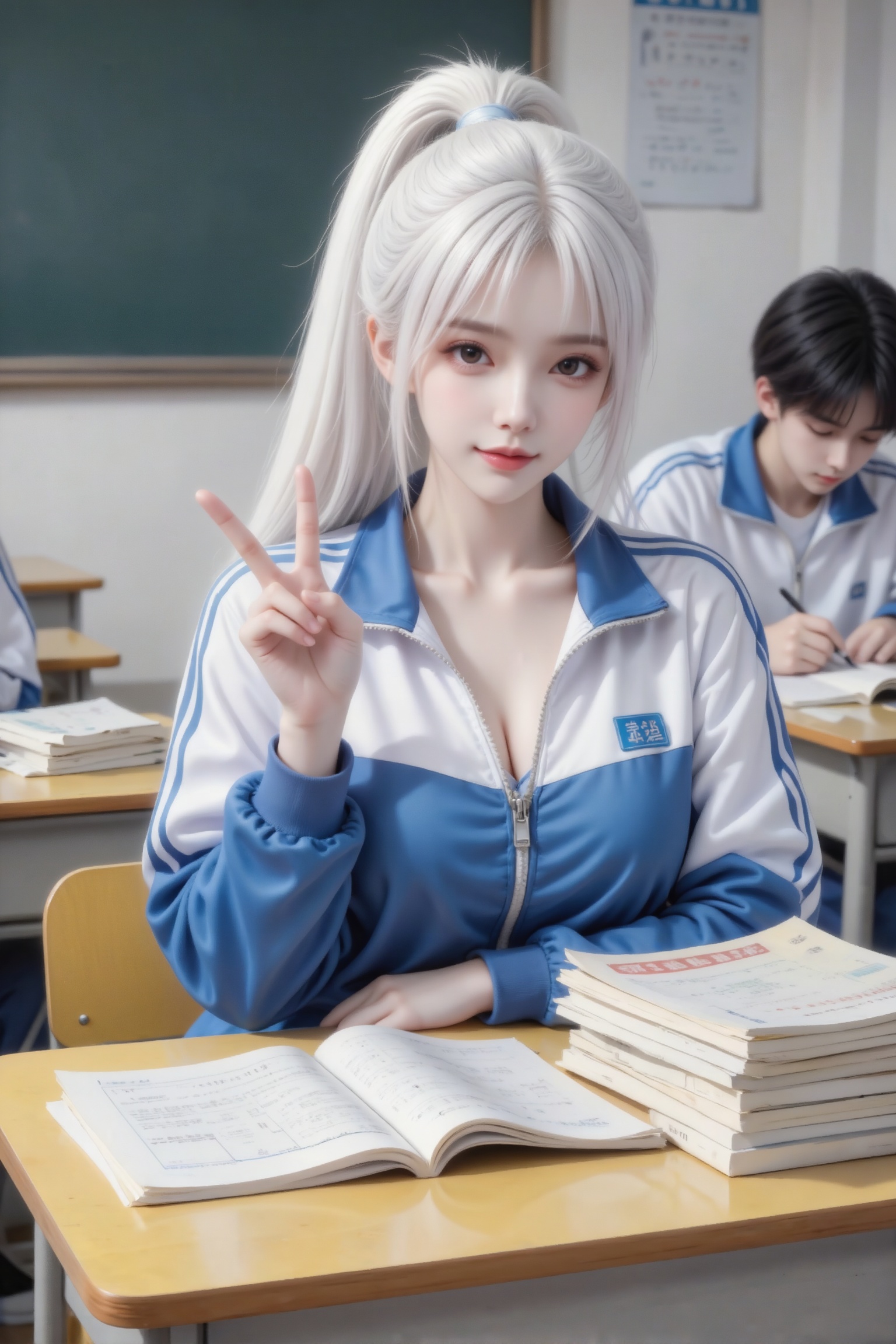 杰作级画质,顶级图像精度,超高清细节渲染,单人女性角色,（白色亮丽的长发：1.4）,（比例优越的纤细长腿：1.3）,（肌肤白皙光滑的匀称美腿：1.4）,（挺拔饱满的D 罩杯曲线：1.4）,（精致立体的美颜五官：1.4）,美颜全开,光滑油亮的皮肤,水嫩的肌肤,,傲人身材,C-cup,一个女孩,白色头发,
高中晚自习校园纪实写真,中景构图,女生坐在教室课桌前,比出V字手势望镜头,神情灵动俏皮。女生梳高马尾白长直（碎刘海轻薄）,穿蓝白拼色校服外套（纯棉面料,拉链半开）；桌面堆课本与练习册,背景中同学低头刷题,教室墙面为白漆,摆木质课桌与堆叠的试卷,整体以蓝、白、米黄为主色调,融合高中晚自习的校园氛围感与青春纪实感。