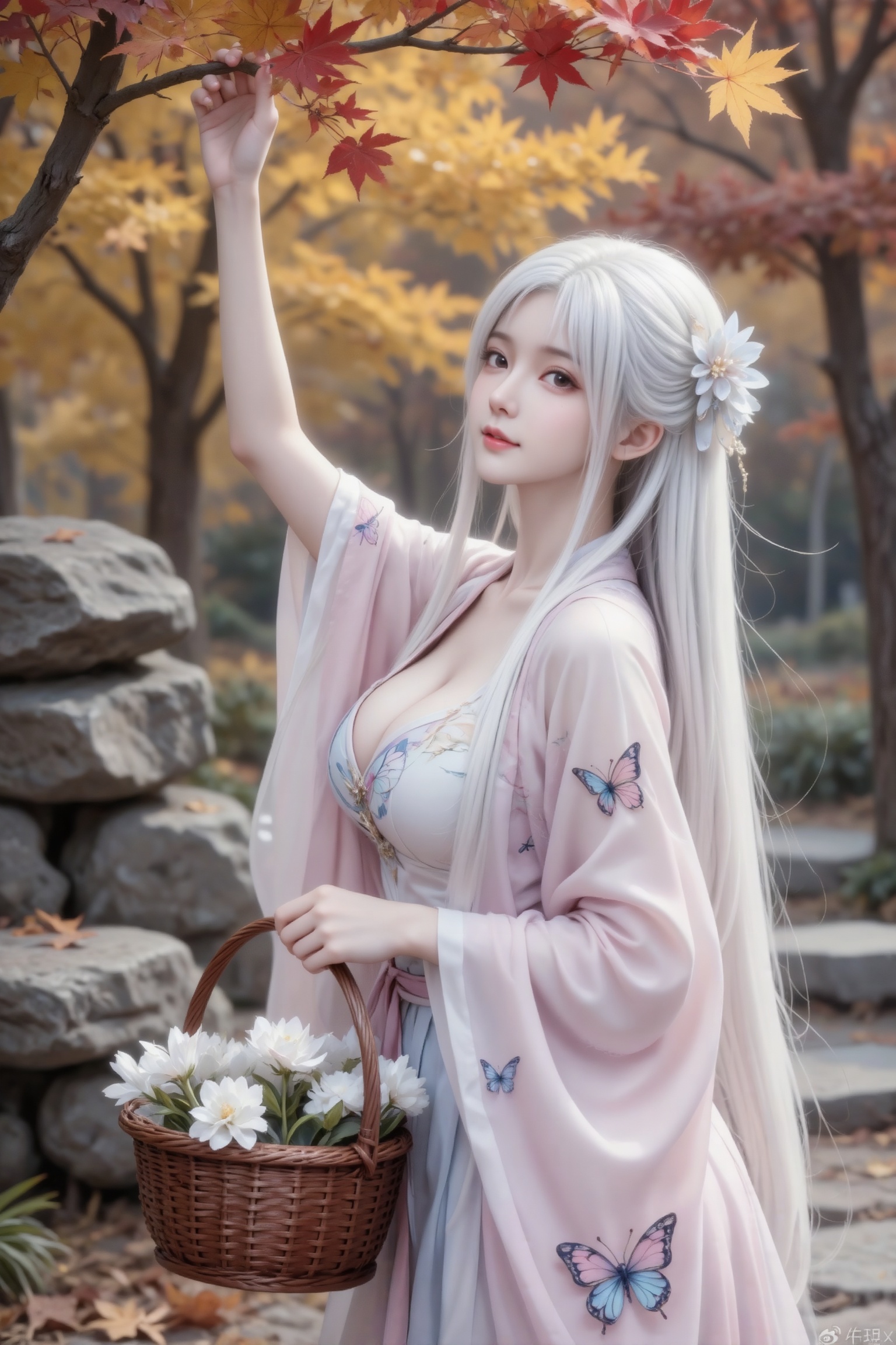 杰作级画质,顶级图像精度,超高清细节渲染,单人女性角色,（白色亮丽的长发：1.4）,（比例优越的纤细长腿：1.3）,（肌肤白皙光滑的匀称美腿：1.4）,（挺拔饱满的D 罩杯曲线：1.4）,（精致立体的美颜五官：1.4）,美颜全开,光滑油亮的皮肤,水嫩的肌肤,,傲人身材,C-cup,一个女孩,黑色头发,
真实摄影,白色长发（一侧束起,插着浅色花朵发饰）,穿着粉色渐变带蝴蝶印花的广袖汉服,手持装有白色花朵的棕色编织篮,一只手高高抬起轻触红黄色枫叶树枝,侧身站立于秋日园林（背景有金黄与红棕相间的树叶、树木、石堆）,整体风格仙气、古典,充满秋日古风的唯美氛围感,（电影级面光：1.6）,（光线追踪：1.5）,（冷白皮漫感质感的光滑皮肤：1.7）,（人物有最好的骨相：1.2）,（网感脸：1.6）,（网感妆：1.6）身材完美,莫兰迪配色,高颜值网红,INS风,幼态脸,19岁女生尖下巴,三庭五眼比例均衡,身材娇小,细腻陶瓷水嫩肌肤,偏冷白皮,随机的妆容,随机的饰品,随机的动作,侧光,发丝轻飘,凌乱,随机角度拍摄,总体有很多的不确定性,但又好看,
风格甜美少女系,氛围慵懒俏皮,东方美女,白长直,年轻娇小,发丝呈现出自然的蓬松感与垂坠感,长发散落于肩头两侧,几缕发丝拂面,冷白皮气质美女,纯欲风,沙漏型身材,B cup,皮肤白皙,偶像气质,fairskin,气质的江南美女子,有点甜美,皮肤美白透亮,表情可爱,甜美氛围,细腻笔触,独特韵味的美,可爱表情