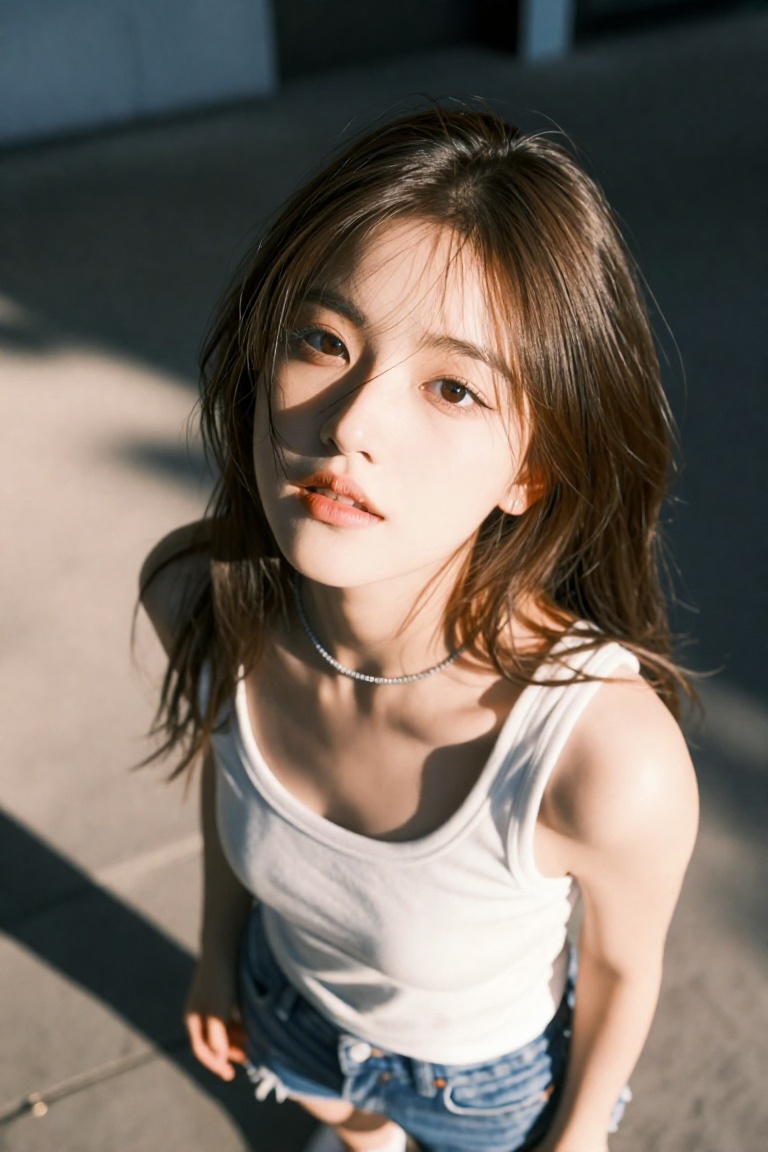 high-angle portrait looking down at subject,  young woman early 20s,  fair skin with soft natural glow on Tensor.Art