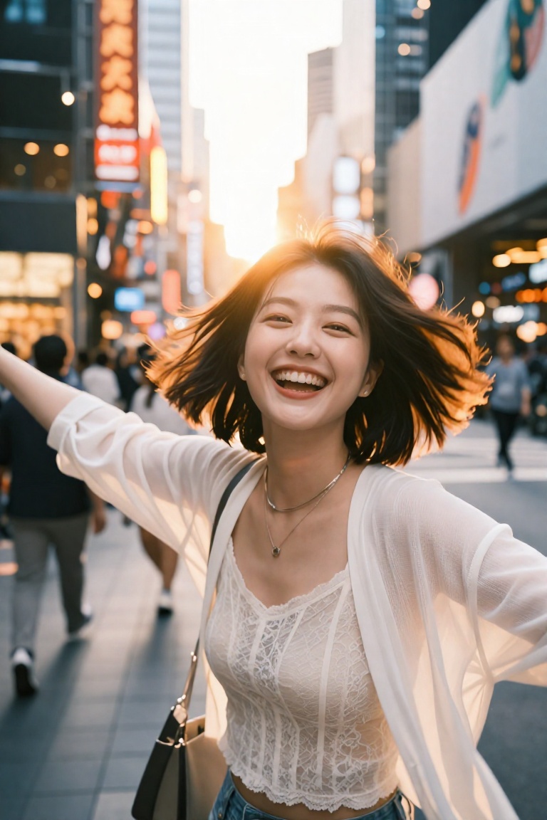 dynamic street photography selfie-style shot,  young Asian woman early 20s,  warm olive skin glowing in golden hour sunlig...