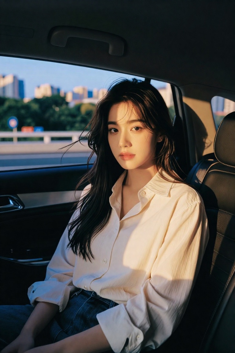 interior car portrait,  young East Asian woman early 20s,  long dark wavy hair blowing slightly inside vehicle on Tensor.Art