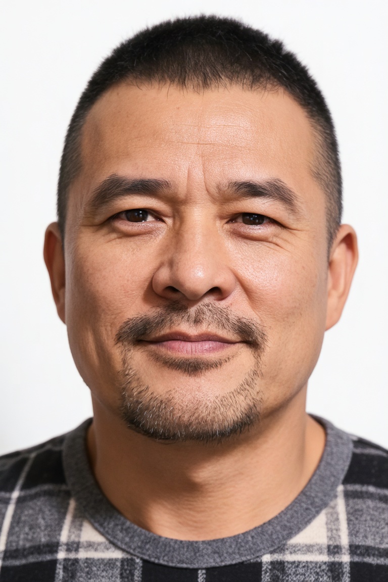 立军,
Front-facing portrait of a middle-aged man, neat short black crew cut, natural fine lines on the forehead and around the eyes, neatly trimmed beard (mustache + chin stubble), natural yellowish skin tone, clear and three-dimensional facial contours, calm and steady eyes, looking directly at the camera, with a natural soft smile on the lips. Wearing a grey and black plaid crew neck top, pure white background, even and soft light, the picture shows high-definition realistic texture, accurately restoring the natural skin texture, pores and hair details in the photo.