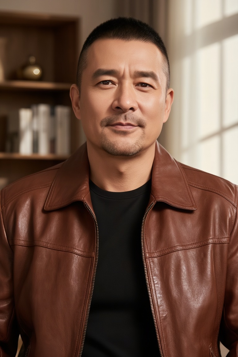 立军,
A middle-aged man with a sharp cut, a faint dark stubble on his lips and chin, and a calm and gentle expression. He was wearing a finely textured brown glossy leather jacket with a simple black top underneath. The zipper of the jacket was slightly opened, revealing the edges of the lining. The background is a warm indoor home scene, with a wooden bookshelf on one side, on which books and decorative ornaments are arranged in a staggered manner. Soft warm light shines through the wall with alternating light and shadow, creating a relaxed and comfortable atmosphere for the entire picture.