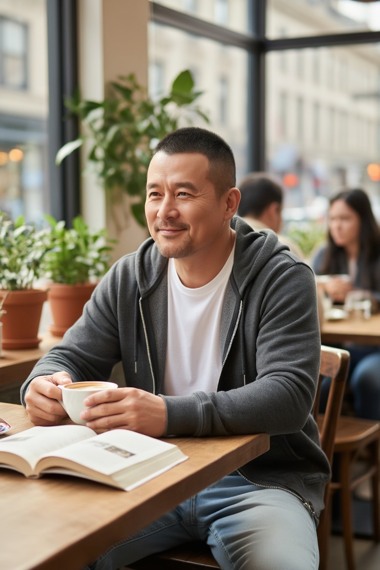 立军,A man with very short hair is sitting at a wooden table in a café. He wears a gray zip - up hoodie over a white T - shirt and light blue jeans, holding a white cup with both hands. He has a warm and content expression, exuding a sense of relaxed comfort. On the table, there is an open book. The background features a cozy café setting with potted plants, a large window showing an urban street view, and other people in the distance, creating a pleasant and laid - back atmosphere.