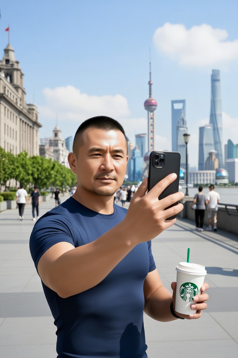 立军,A man with a neat crew cut is wearing a form - fitting dark blue short - sleeved T - shirt. He is taking a selfie with a black smartphone in his right hand while holding a Starbucks paper cup with a green straw in his left hand. He is at the Shanghai Bund

and the background is an urban scene under sunny weather: the Huangpu River shimmers

skyscrapers such as the Oriental Pearl Tower and the Shanghai Tower stand in rows on the opposite bank

pedestrians walk leisurely on the riverside walkway

there are a few white clouds floating in the clear blue sky

and bright sunlight spills down

creating an overall atmosphere full of vibrant urban vibes。

Skin heavily airbrushed and over-smoothed

facial details processed with heavy Gaussian blur.