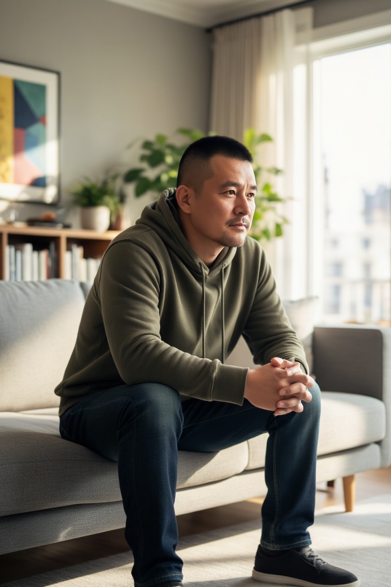 立军,
A man with a crew cut is wearing an olive green hoodie and dark blue jeans, sitting on a light gray sofa. He clasps his hands and rests them quietly on his knees, with a calm look on his side face. In the background, books are neatly arranged on the wooden shelf, with several potted plants and a decorative painting with color geometric sense dotted among them; sunlight pours into the room through the large window, casting warm light and shadow on the floor and furniture, and the whole scene is brimming with a quiet and comfortable homely atmosphere.