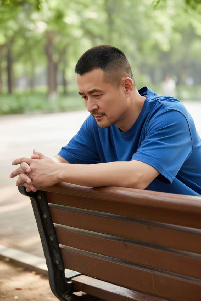 立军,
A man with very short hair, wearing a loose blue short - sleeved shirt, rests his arms crossed on the back of a wooden park bench. His fingertips are slightly clasped, his head is bowed a little, and he has a calm expression as if he is thinking. The background is a park where sunlight forms dappled light and shadow through the branches and leaves, with lush green trees and a hazy pathway spreading out in the soft light, and the air is filled with the freshness and tranquility typical of summer.