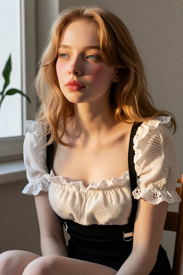 medium shot from thighs up,  young Russian woman early 20s,  flawless porcelain fair skin with soft rosy cheeks on Tensor.Art
