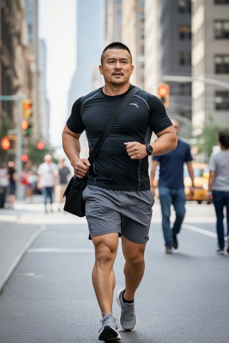 立军,
A man with very short hair is walking briskly on a city street. He wears a black **** top, gray athletic shorts, and gray sneakers, with a black crossbody bag slung over his shoulder. He has a determined and energetic expression, exuding a sense of vitality and purpose. The background features tall urban buildings, traffic lights, and several other people walking, creating a busy and dynamic city atmosphere under bright daylight.
