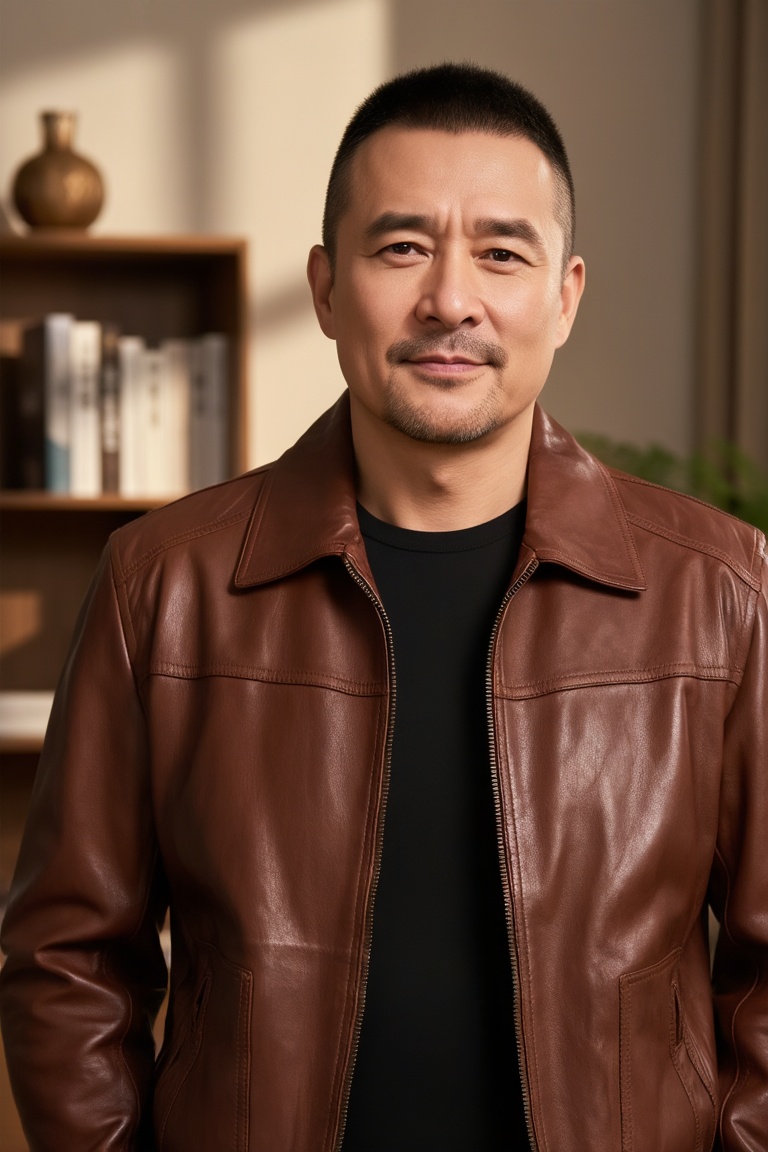 立军,
A middle-aged man with a sharp cut, a faint dark stubble on his lips and chin, and a calm and gentle expression. He was wearing a finely textured brown glossy leather jacket with a simple black top underneath. The zipper of the jacket was slightly opened, revealing the edges of the lining. The background is a warm indoor home scene, with a wooden bookshelf on one side, on which books and decorative ornaments are arranged in a staggered manner. Soft warm light shines through the wall with alternating light and shadow, creating a relaxed and comfortable atmosphere for the entire picture.