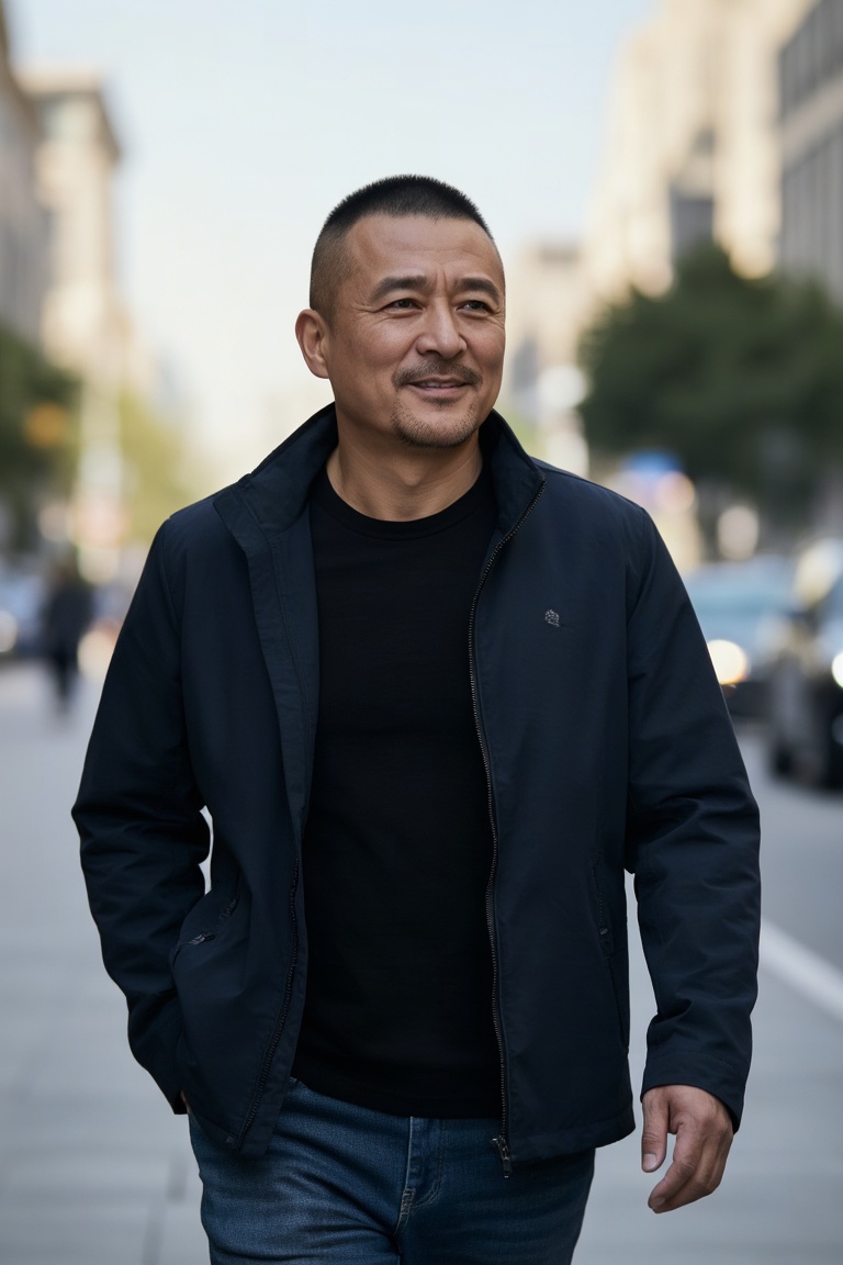 一个叫立军的男人,留着短发平头,他在街上散步,神态放松