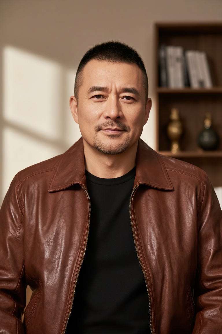 立军,
A middle-aged man with a sharp cut, a faint dark stubble on his lips and chin, and a calm and gentle expression. He was wearing a finely textured brown glossy leather jacket with a simple black top underneath. The zipper of the jacket was slightly opened, revealing the edges of the lining. The background is a warm indoor home scene, with a wooden bookshelf on one side, on which books and decorative ornaments are arranged in a staggered manner. Soft warm light shines through the wall with alternating light and shadow, creating a relaxed and comfortable atmosphere for the entire picture.