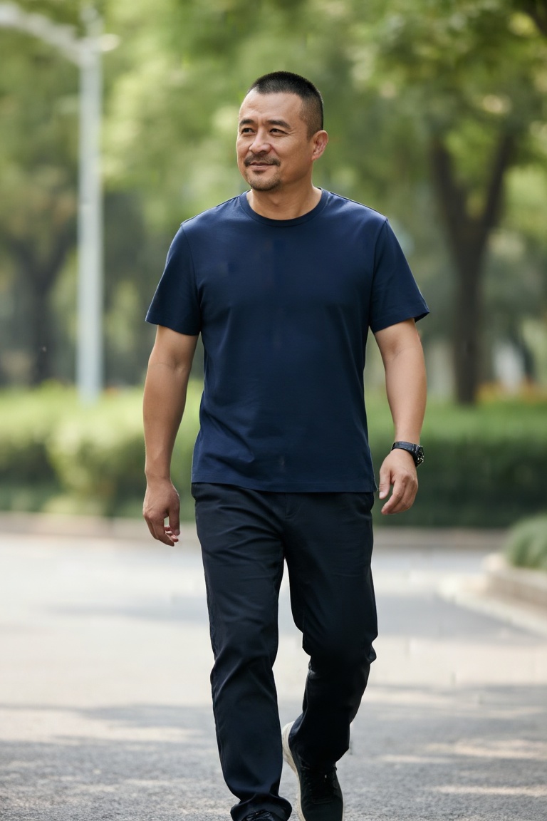 一个叫立军的男人,留着短发平头,他在街上散步,神态放松