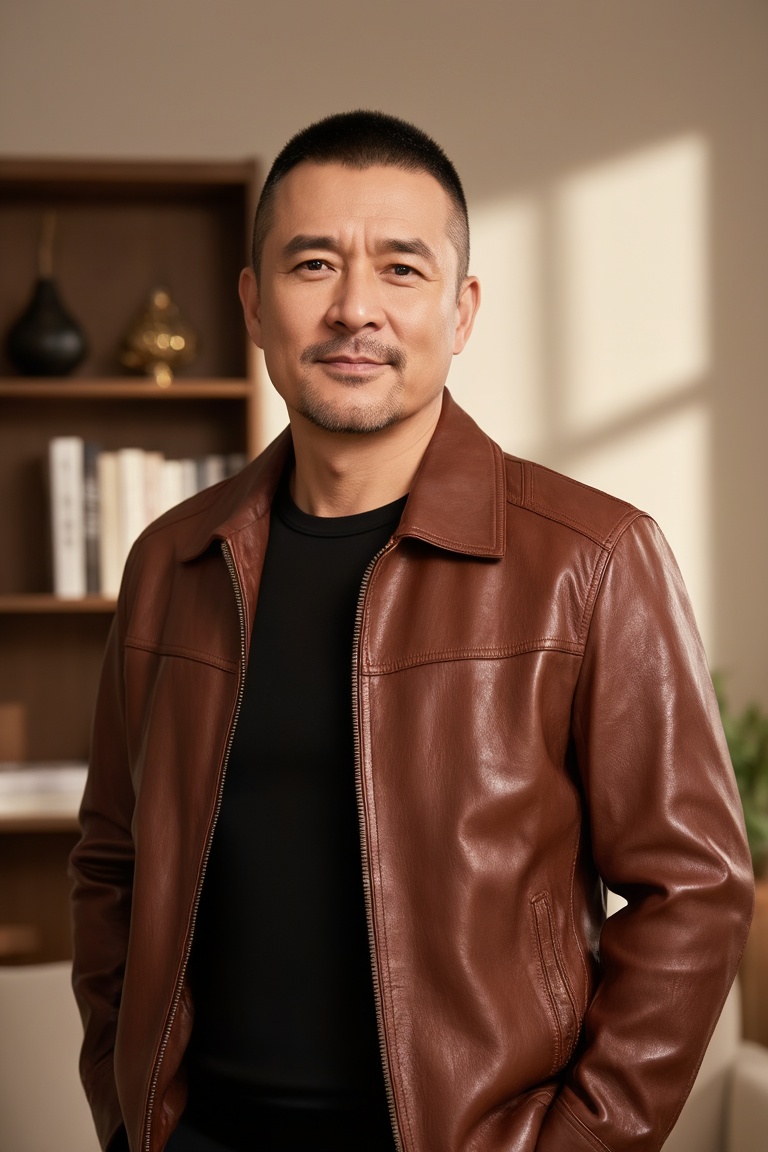 立军,
A middle-aged man with a sharp cut, a faint dark stubble on his lips and chin, and a calm and gentle expression. He was wearing a finely textured brown glossy leather jacket with a simple black top underneath. The zipper of the jacket was slightly opened, revealing the edges of the lining. The background is a warm indoor home scene, with a wooden bookshelf on one side, on which books and decorative ornaments are arranged in a staggered manner. Soft warm light shines through the wall with alternating light and shadow, creating a relaxed and comfortable atmosphere for the entire picture.