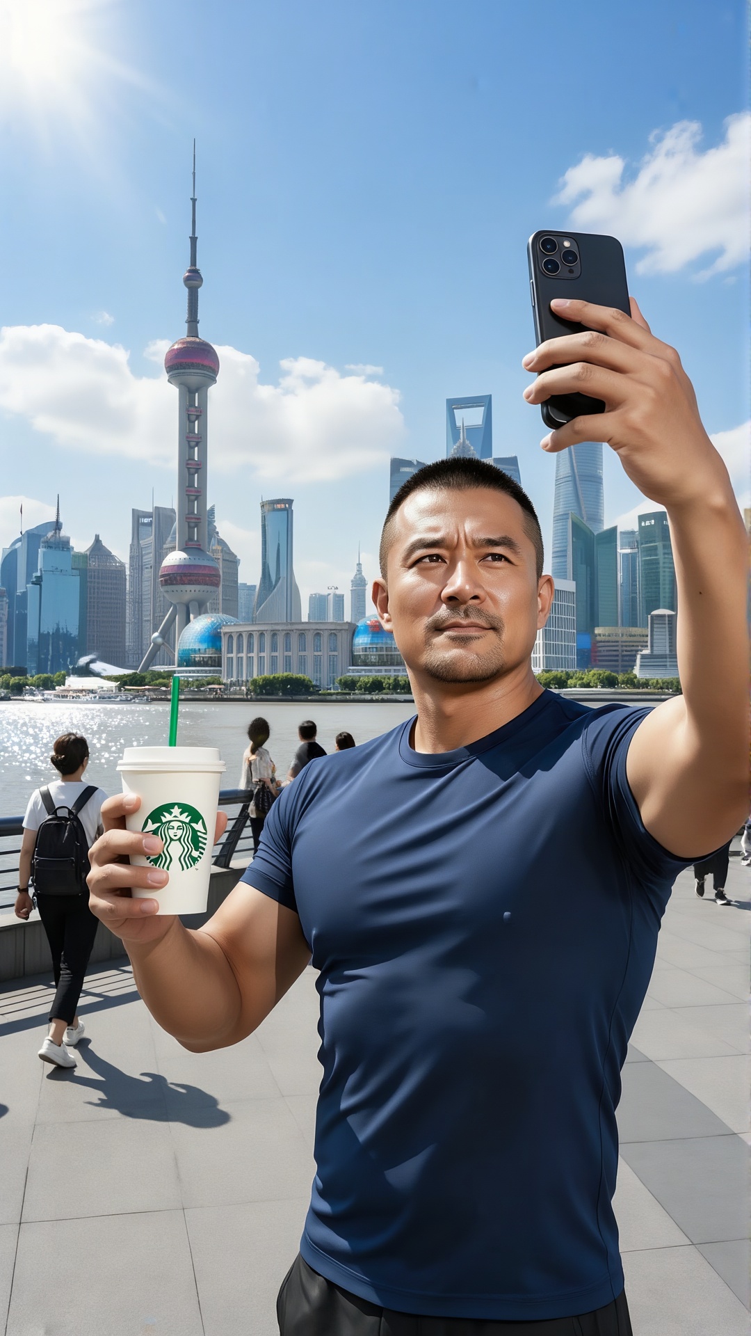 立军,A man with a neat crew cut is wearing a form - fitting dark blue short - sleeved T - shirt. He is taking a selfie with a black smartphone in his right hand while holding a Starbucks paper cup with a green straw in his left hand. He is at the Shanghai Bund

and the background is an urban scene under sunny weather: the Huangpu River shimmers

skyscrapers such as the Oriental Pearl Tower and the Shanghai Tower stand in rows on the opposite bank

pedestrians walk leisurely on the riverside walkway

there are a few white clouds floating in the clear blue sky

and bright sunlight spills down

creating an overall atmosphere full of vibrant urban vibes。

Skin heavily airbrushed and over-smoothed

facial details processed with heavy Gaussian blur.