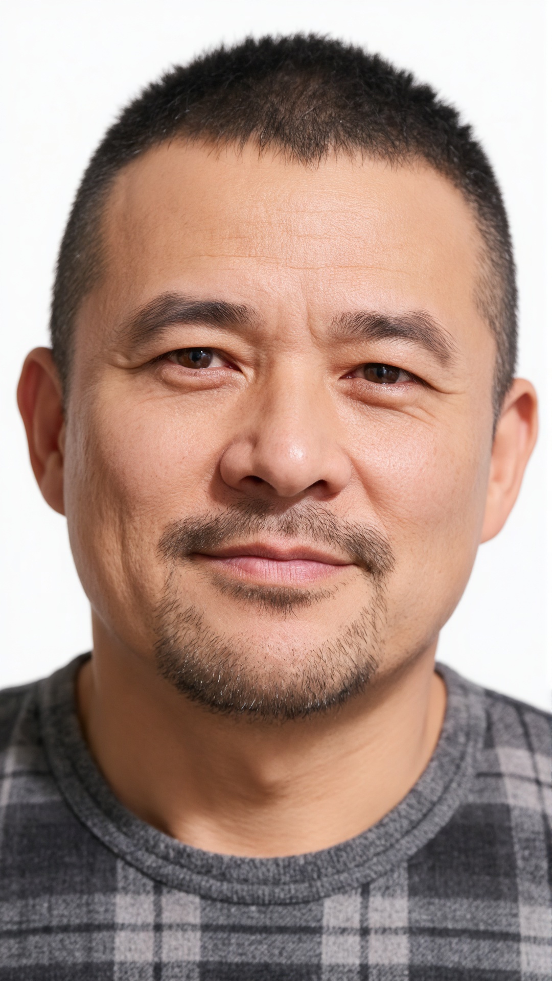 立军,
Front-facing portrait of a middle-aged man, neat short black crew cut, natural fine lines on the forehead and around the eyes, neatly trimmed beard (mustache + chin stubble), natural yellowish skin tone, clear and three-dimensional facial contours, calm and steady eyes, looking directly at the camera, with a natural soft smile on the lips. Wearing a grey and black plaid crew neck top, pure white background, even and soft light, the picture shows high-definition realistic texture, accurately restoring the natural skin texture, pores and hair details in the photo.