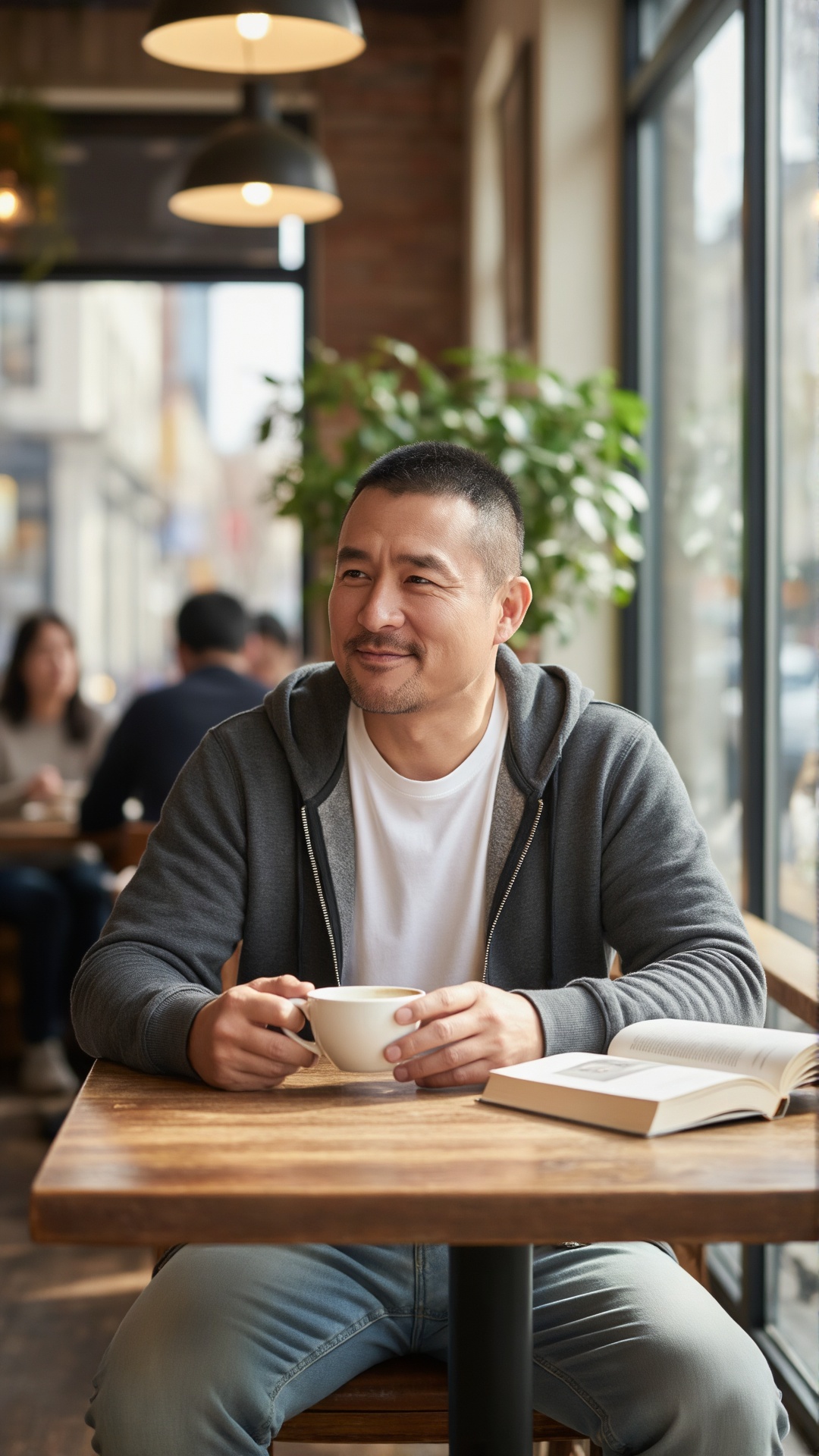 立军,A man with very short hair is sitting at a wooden table in a café. He wears a gray zip - up hoodie over a white T - shirt and light blue jeans, holding a white cup with both hands. He has a warm and content expression, exuding a sense of relaxed comfort. On the table, there is an open book. The background features a cozy café setting with potted plants, a large window showing an urban street view, and other people in the distance, creating a pleasant and laid - back atmosphere.