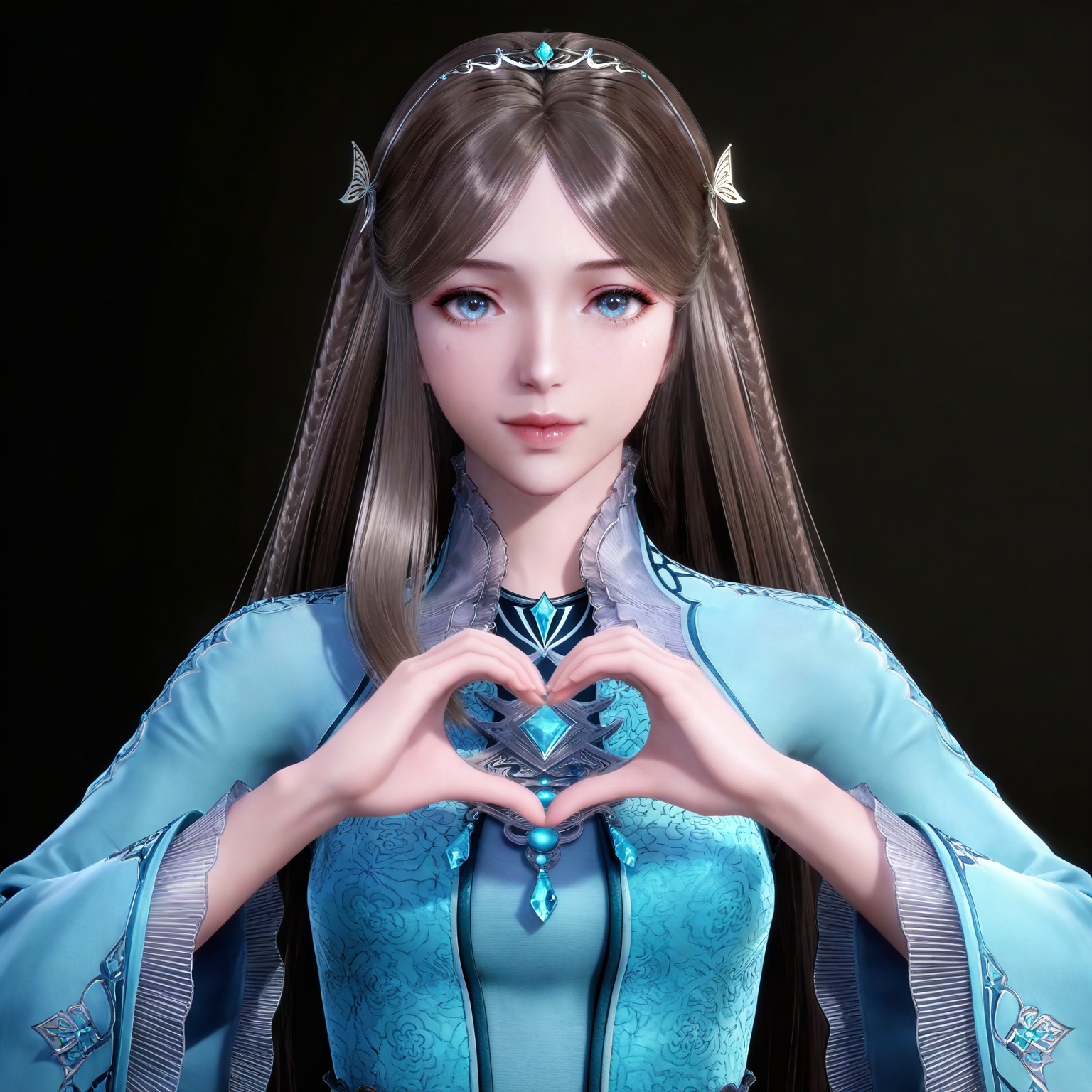 masterpiece,high quality,tall,game cg,highres,(white_skin:0.6),(shiny_skin:0.6),(realistic:1.1),looking_at_viewer,lvjing,,brown hair,long hair,blue eyes,very long hair,tiara,ningrongrong blue dress,butterfly hair ornament,braid,long_sleeves,wide_sleeves,1girl,solo,upper body,black_background,simple background,heart hand,from side,