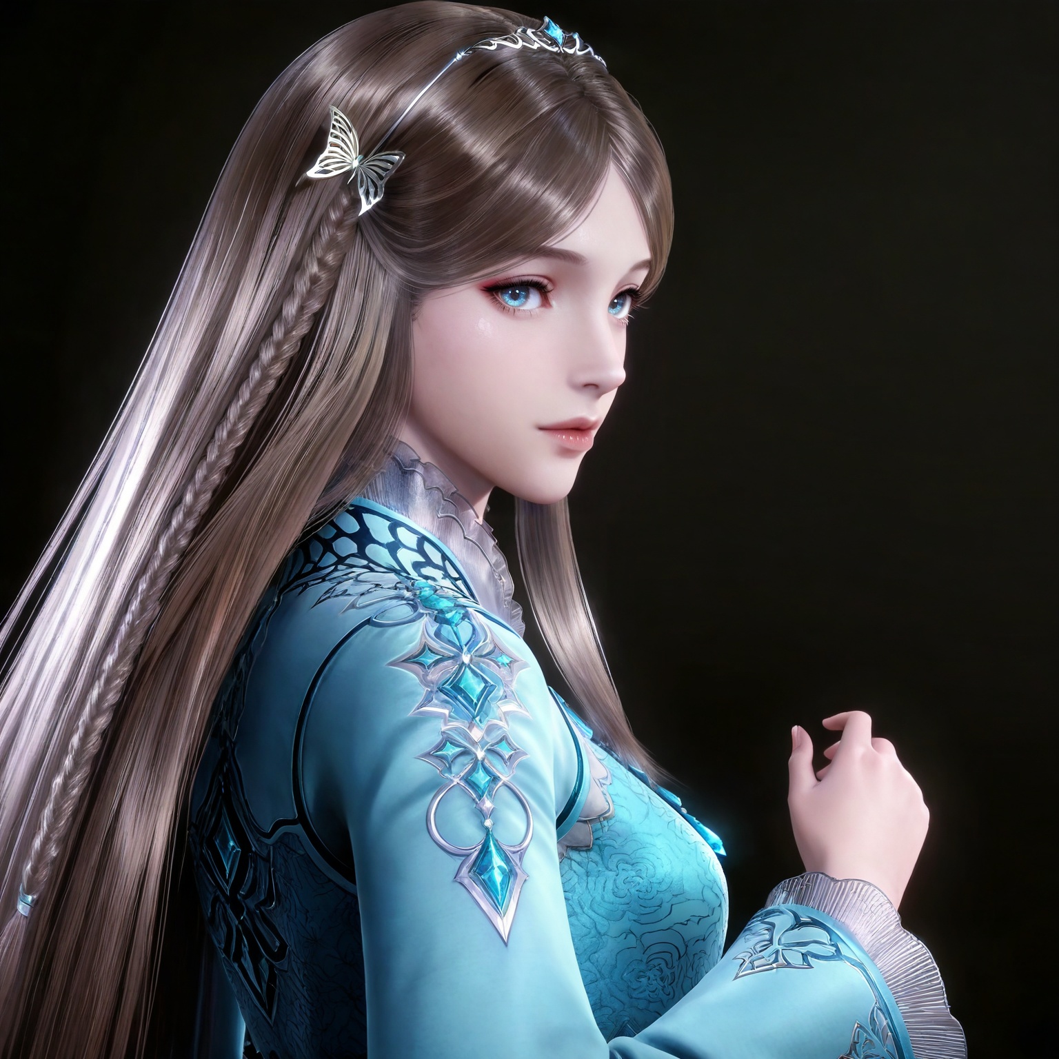 masterpiece,high quality,tall,game cg,highres,(white_skin:0.6),(shiny_skin:0.6),(realistic:1.1),looking_at_viewer,lvjing,,brown hair,long hair,blue eyes,very long hair,tiara,ningrongrong blue dress,butterfly hair ornament,braid,long_sleeves,wide_sleeves,1girl,solo,upper body,black_background,simple background,from side,