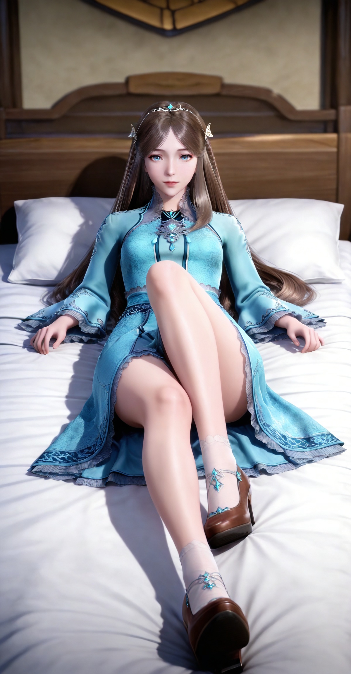 masterpiece,high quality,tall,game cg,highres,(white_skin:0.6),(shiny_skin:0.6),(realistic:1.1),looking_at_viewer,lvjing,
brown hair, long hair, blue eyes, very long hair, tiara, ningrongrong blue dress, butterfly hair ornament, braid, long_sleeves, wide_sleeves, bare legs, white socks, high_heels, 1girl, flower, solo, full body,bed,on back,lying,leg up,