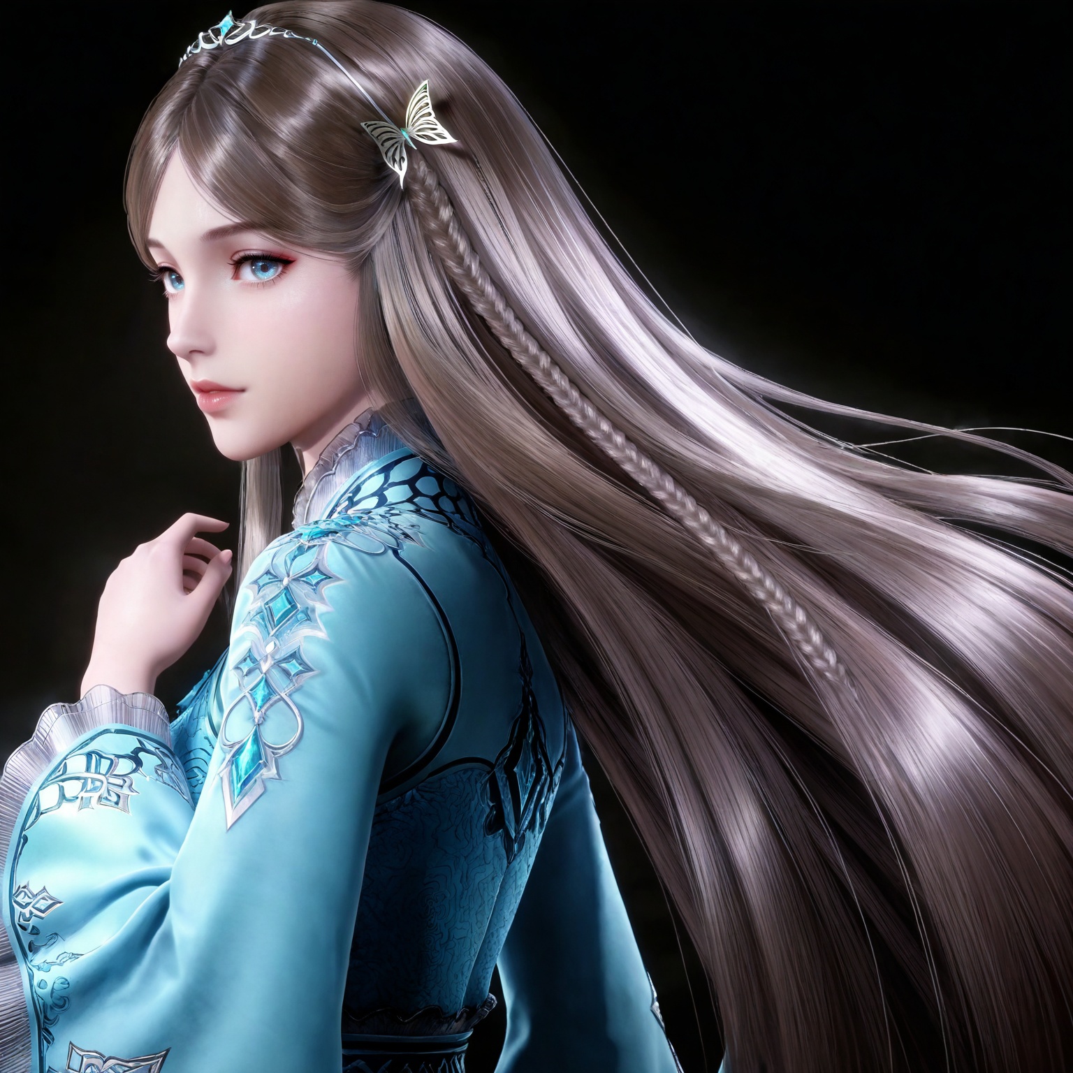masterpiece,high quality,tall,game cg,highres,(white_skin:0.6),(shiny_skin:0.6),(realistic:1.1),looking_at_viewer,lvjing,,brown hair,long hair,blue eyes,very long hair,tiara,ningrongrong blue dress,butterfly hair ornament,braid,long_sleeves,wide_sleeves,1girl,solo,upper body,black_background,simple background,from side,