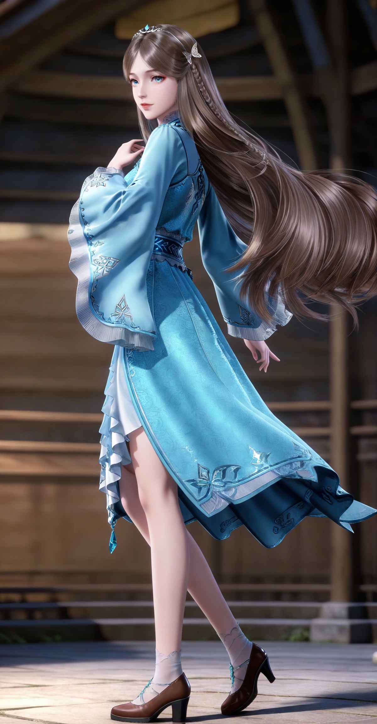 brown hair,long hair,blue eyes,very long hair,tiara,ningrongrong blue dress,butterfly hair ornament,braid,long_sleeves,wide_sleeves,bare legs,white socks,high_heels,1girl,solo,full body,looking at viewer,high heels,standing,from side,