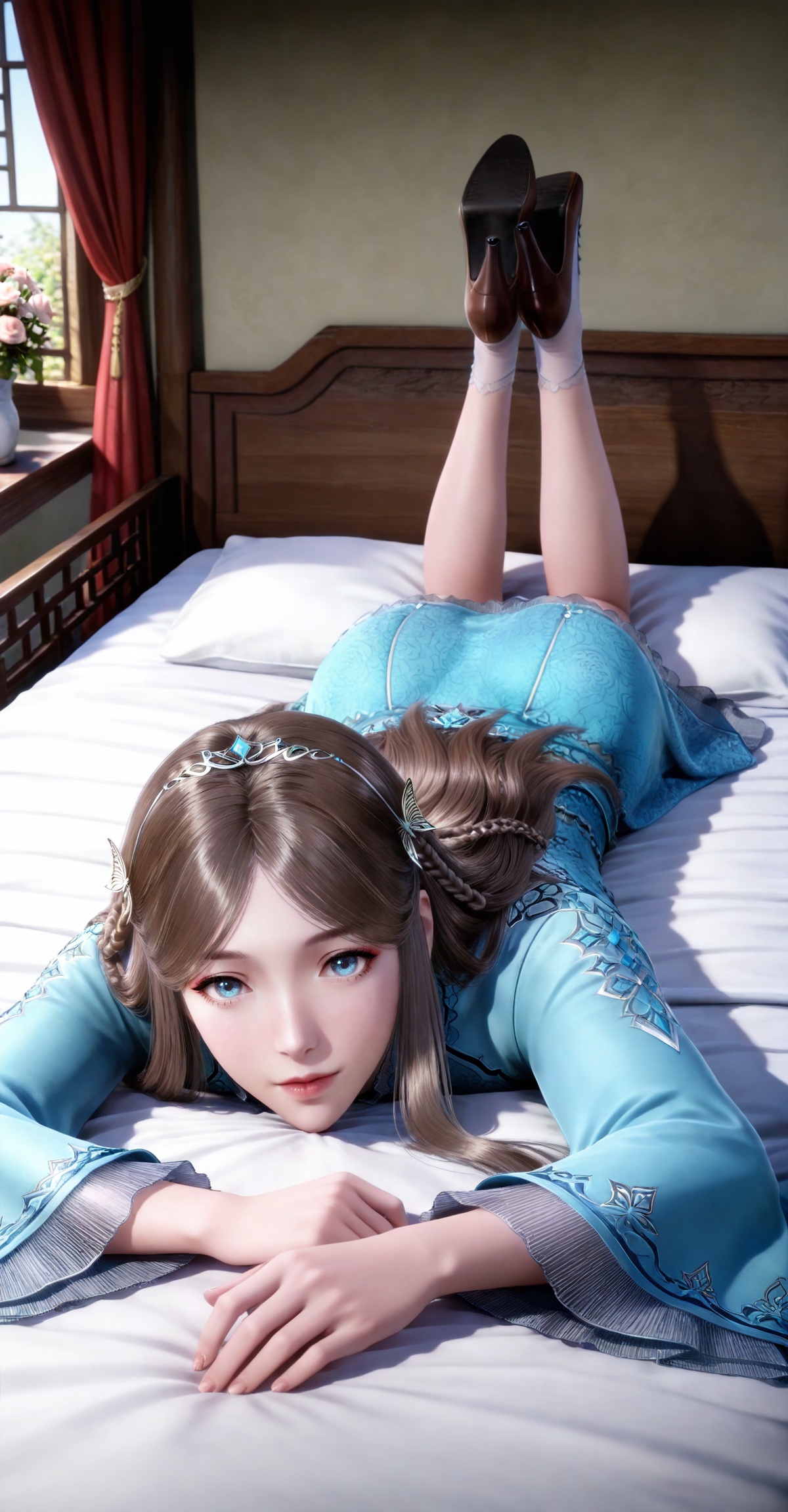 masterpiece,high quality,tall,game cg,highres,(white_skin:0.6),(shiny_skin:0.6),(realistic:1.1),looking_at_viewer,lvjing,
brown hair, long hair, blue eyes, very long hair, tiara, ningrongrong blue dress, butterfly hair ornament, braid, long_sleeves, wide_sleeves, bare legs, white socks, high_heels, 1girl, flower, solo, full body,bed,on stomach,feet up,day,window,