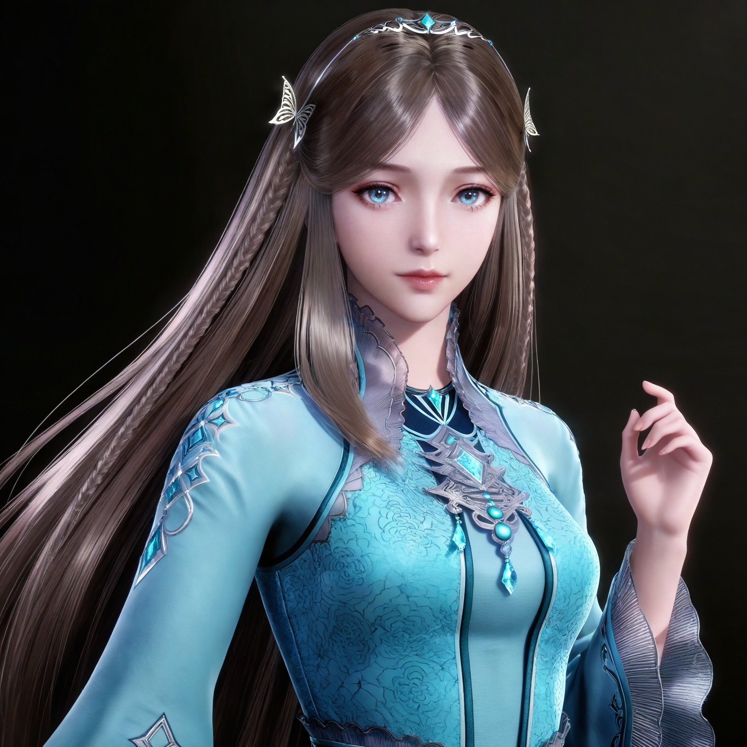 masterpiece,high quality,tall,game cg,highres,(white_skin:0.6),(shiny_skin:0.6),(realistic:1.1),looking_at_viewer,lvjing,,brown hair,long hair,blue eyes,very long hair,tiara,ningrongrong blue dress,butterfly hair ornament,braid,long_sleeves,wide_sleeves,1girl,solo,upper body,black_background,simple background,from side,