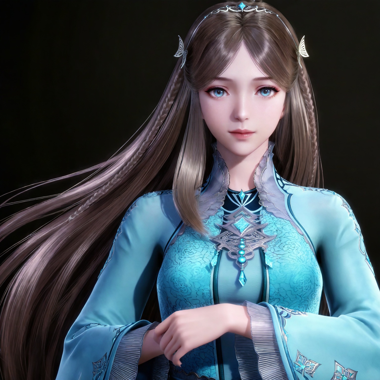 masterpiece,high quality,tall,game cg,highres,(white_skin:0.6),(shiny_skin:0.6),(realistic:1.1),looking_at_viewer,lvjing,,brown hair,long hair,blue eyes,very long hair,tiara,ningrongrong blue dress,butterfly hair ornament,braid,long_sleeves,wide_sleeves,1girl,solo,upper body,black_background,simple background,