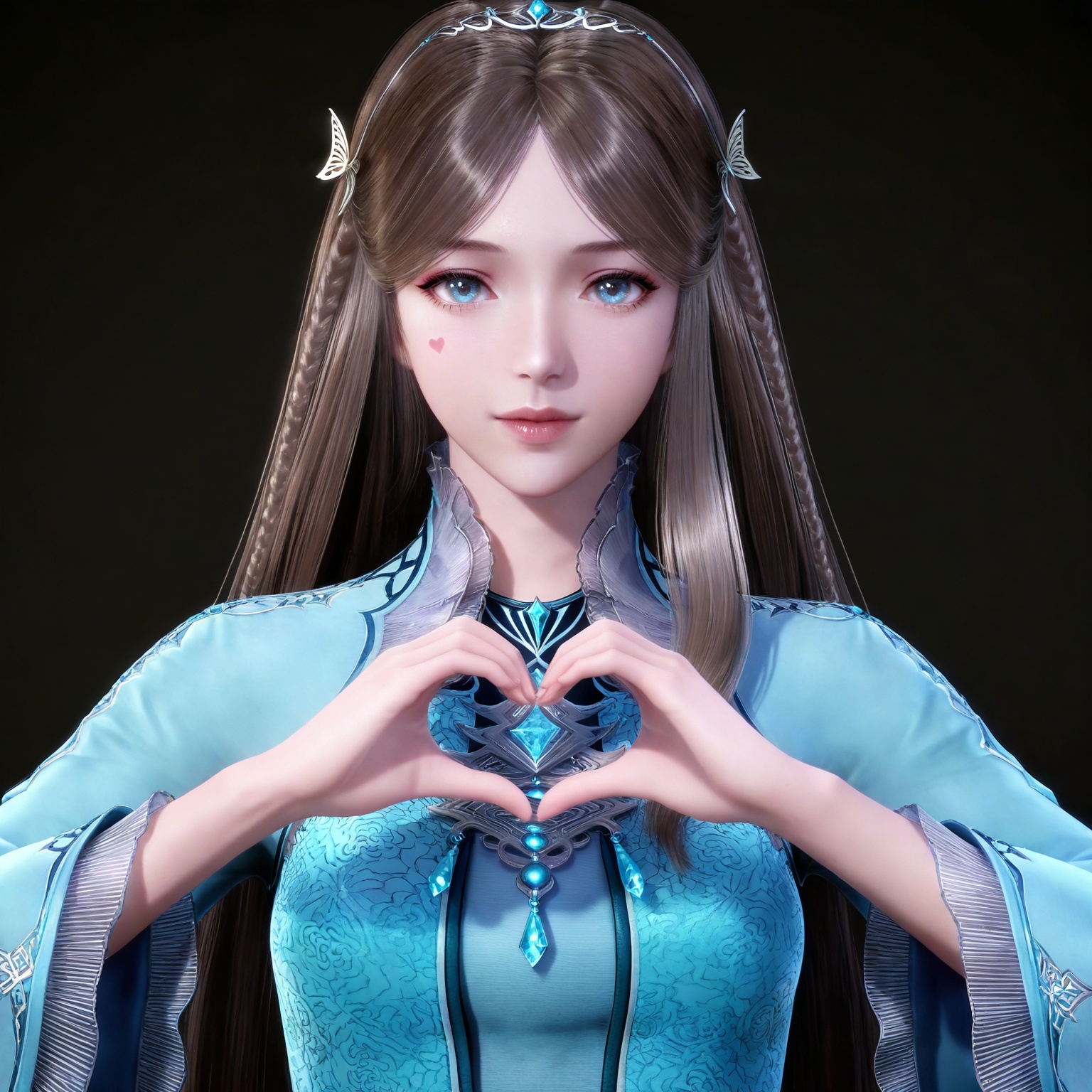 masterpiece,high quality,tall,game cg,highres,(white_skin:0.6),(shiny_skin:0.6),(realistic:1.1),looking_at_viewer,lvjing,,brown hair,long hair,blue eyes,very long hair,tiara,ningrongrong blue dress,butterfly hair ornament,braid,long_sleeves,wide_sleeves,1girl,solo,upper body,black_background,simple background,heart hand,