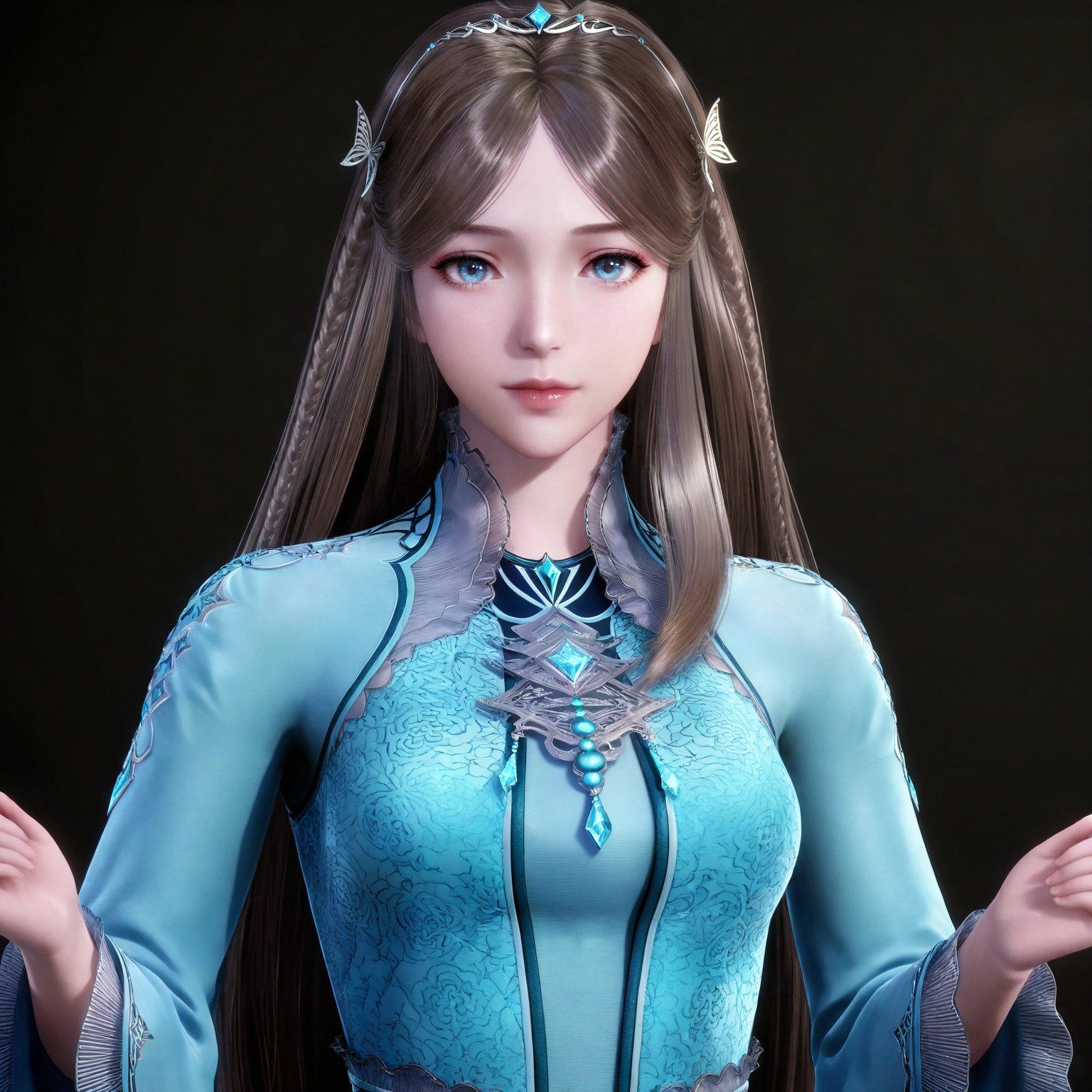 masterpiece,high quality,tall,game cg,highres,(white_skin:0.6),(shiny_skin:0.6),(realistic:1.1),looking_at_viewer,lvjing,,brown hair,long hair,blue eyes,very long hair,tiara,ningrongrong blue dress,butterfly hair ornament,braid,long_sleeves,wide_sleeves,1girl,solo,upper body,black_background,simple background,