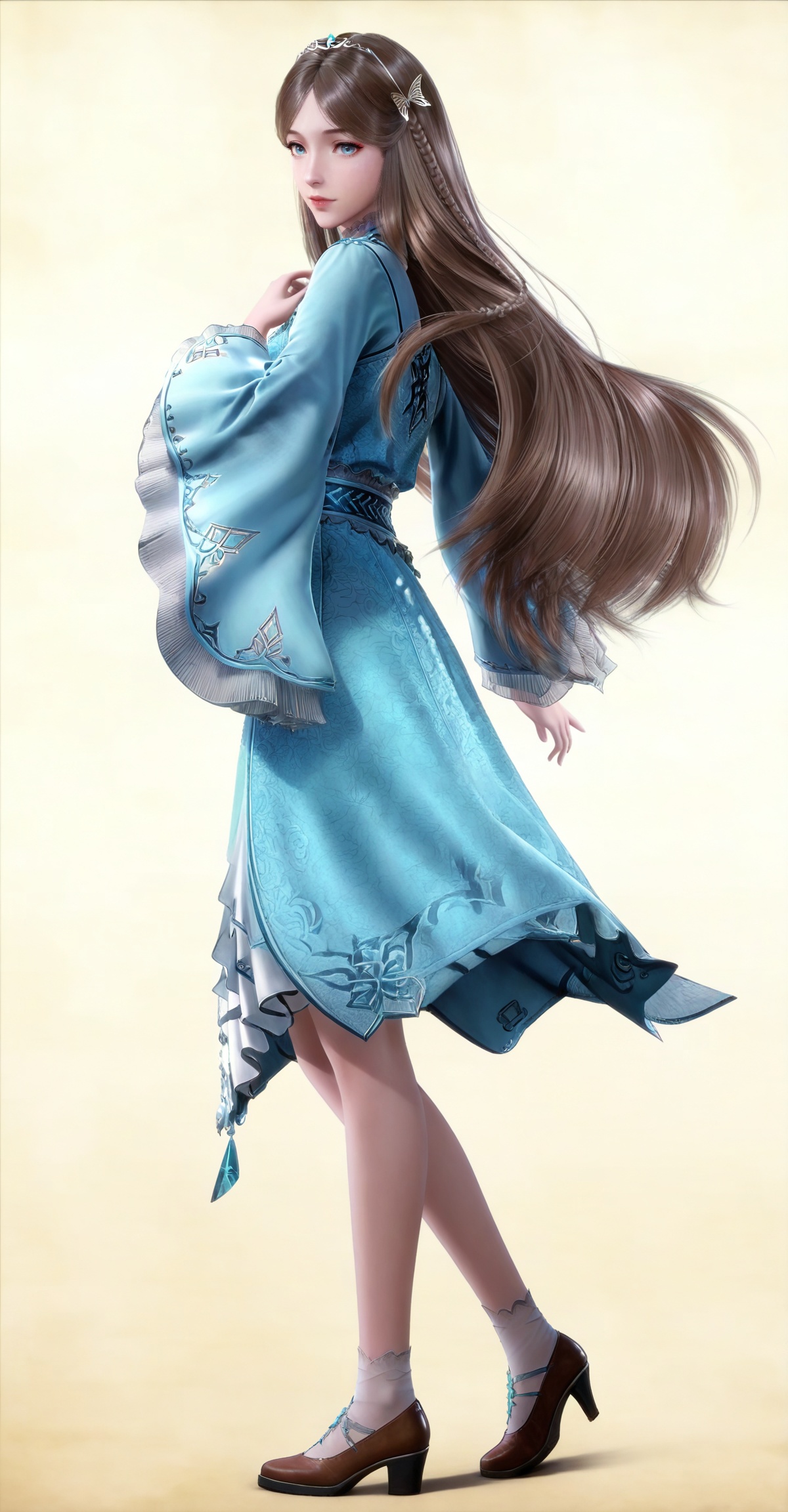 masterpiece,high quality,tall,game cg,highres,(white_skin:0.6),(shiny_skin:0.6),(realistic:1.1),looking_at_viewer,lvjing,
brown hair, long hair, blue eyes, very long hair, tiara, ningrongrong blue dress, butterfly hair ornament, braid, long_sleeves, wide_sleeves, bare legs, white socks, high_heels, 1girl, solo, full body, looking at viewer, high heels, standing, from side