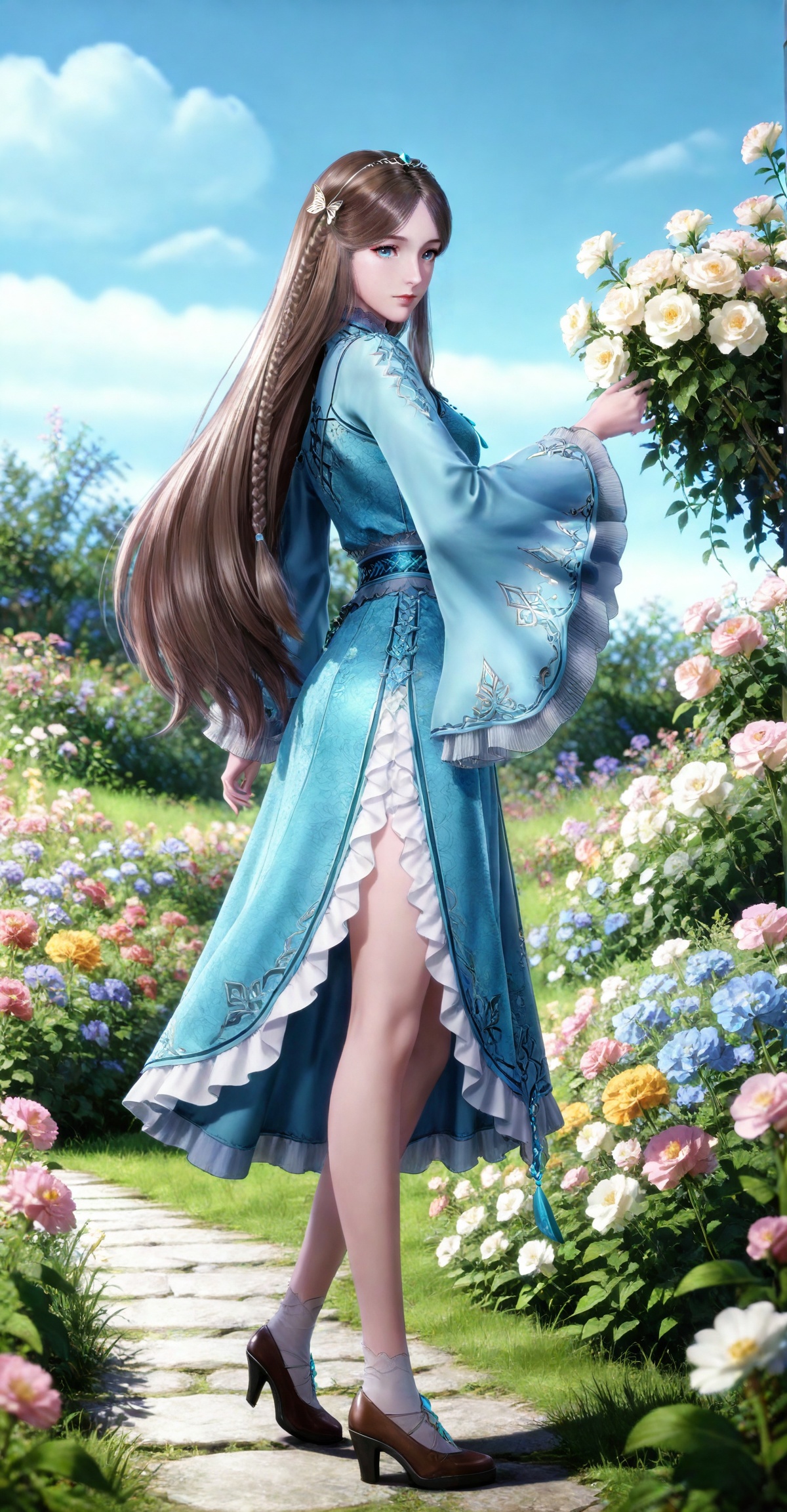 masterpiece,high quality,tall,game cg,highres,(white_skin:0.6),(shiny_skin:0.6),(realistic:1.1),looking_at_viewer,lvjing,
brown hair, long hair, blue eyes, very long hair, tiara, ningrongrong blue dress, butterfly hair ornament, braid, long_sleeves, wide_sleeves, bare legs, white socks, high_heels, 1girl, flower, solo, full body, blue sky, sky, outdoors, grass, closed mouth, looking at viewer, cloud